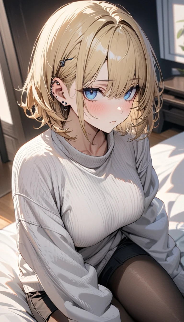 expressionless, master piece, best quality, ultra detailed, handsome, 1 woman, short hair, blonde hair, cute eyes, blue eyes, White sweater ,short pants ,Black tights, piercing in one ear