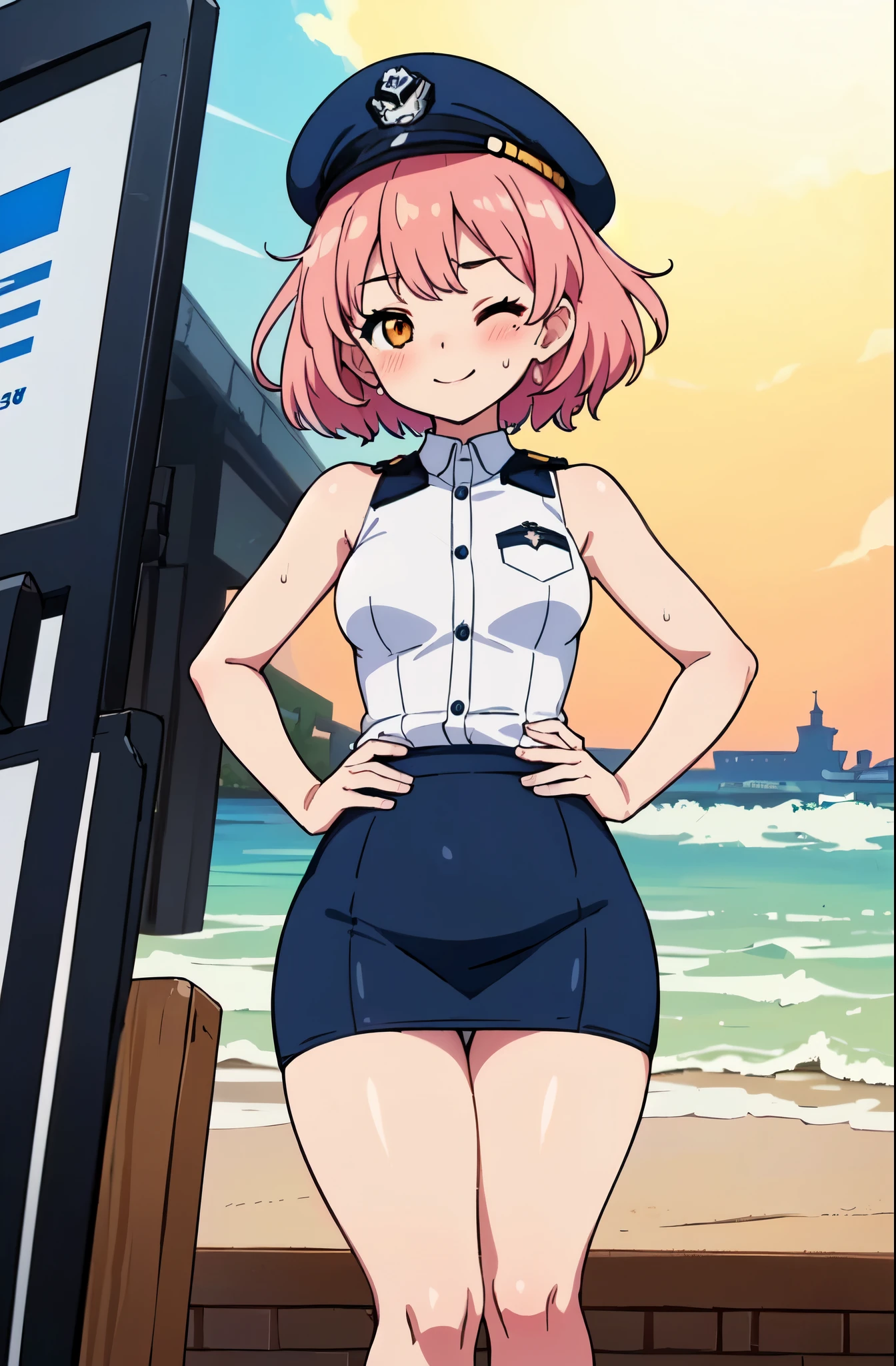 ((Table t○p, highest quality, Hi-Res Lucifer,Anime Screen Capture、Pixel perfect, 8k)))、nsfw、Perfect Anatomy、Female police officer、(((low length、Small breasts、Wide Hips、Wide hips、Thick thighs、Right hand salute、Left hand on hip)))、(((Short Hair、Wavy Hair)))、Police Hat、(((Skirt flipped up by the wind、light blue sleeveless shirt、Navy Blue Pencil Skirt、White Panties)))、Sweat, vapor,(Orange Eyes)、((Pink Hair)),One eye closed、 ((((smile、blush))))、(In town)