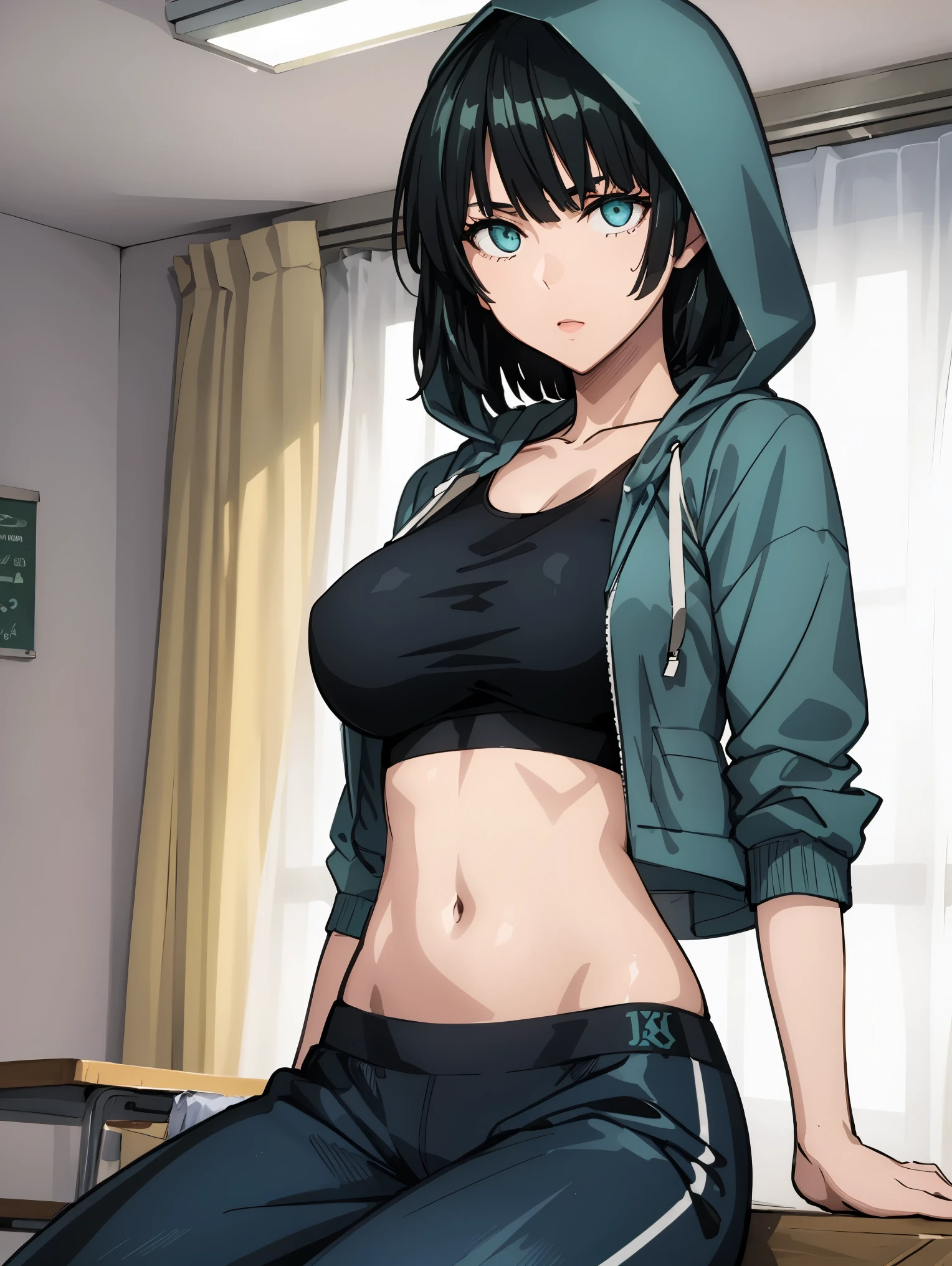 green eyes, (green color hair:1.2),By bang,short hair,
BREAK (jacket, open clothes, midriff, hood, open jacket, hoodie, bottle, blue jacket, hooded jacket, hood up, sports bra:1.2),
BREAK sitting cross-legged on a chair, break indoors, classroom, break looking at viewer, (cowboy shot:1.5),
BREAK (masterpiece:1.2), best quality, high resolution, unity 8k wallpaper,NSFW ,(illustration:0.8), (beautiful detailed eyes:1.6), extremely detailed face, perfect lighting, extremely detailed CG, (perfect hands, perfect anatomy),