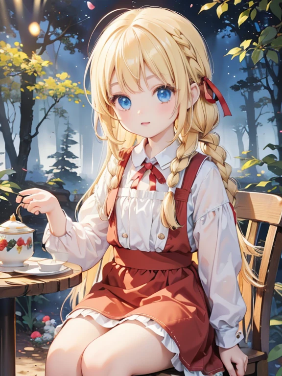 (8k, highest quality, Tabletop:1.2)、Ultra-high resolution, Detailed face, One 10-year-old girl, blue eyes, Blonde, Braid, Long Hair, Red ribbon on head, Red dress, White apron, blue sky, in the forest, wood々, table cloth, Set of cake and tea on the table, Sit on a chair