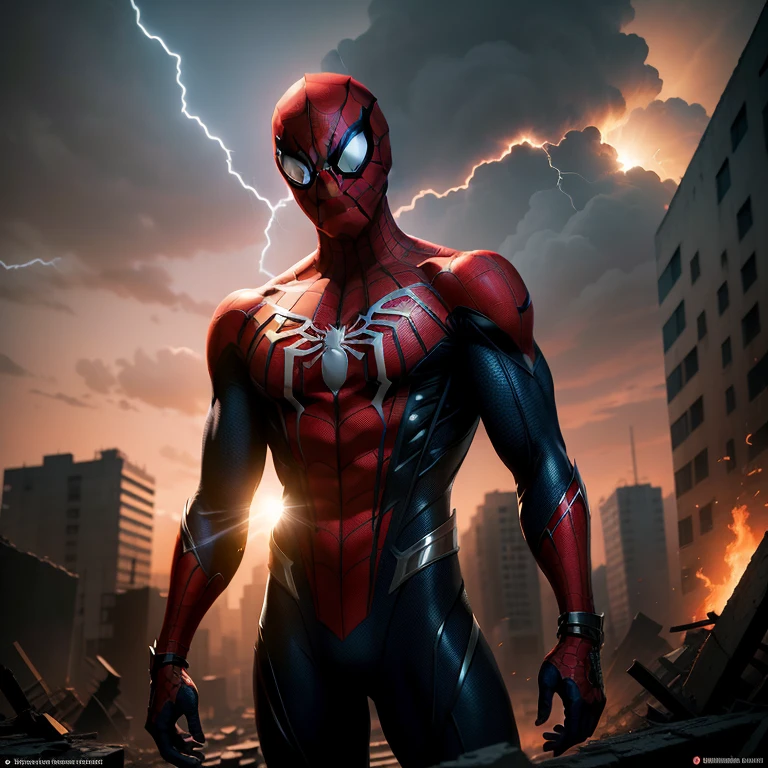 Spider-Man's ethereal ghostly form, dressed in a meticulously detailed costume resembling a spider, stands in the sun-drenched ruins of a decaying city at twilight. The superhero pose is striking, capturing a sense of determination as he surveys the desolate landscape. Smoke and sparks ascend from the debris, illuminated by cinematic lightning that creates a stark contrast against the backdrop of the setting sun. The 8K resolution of the image lends an extraordinary level of realism, emphasizing the intricacies of the ghostly suit's design.
A close-up shot focuses on Spider-Man's detailed