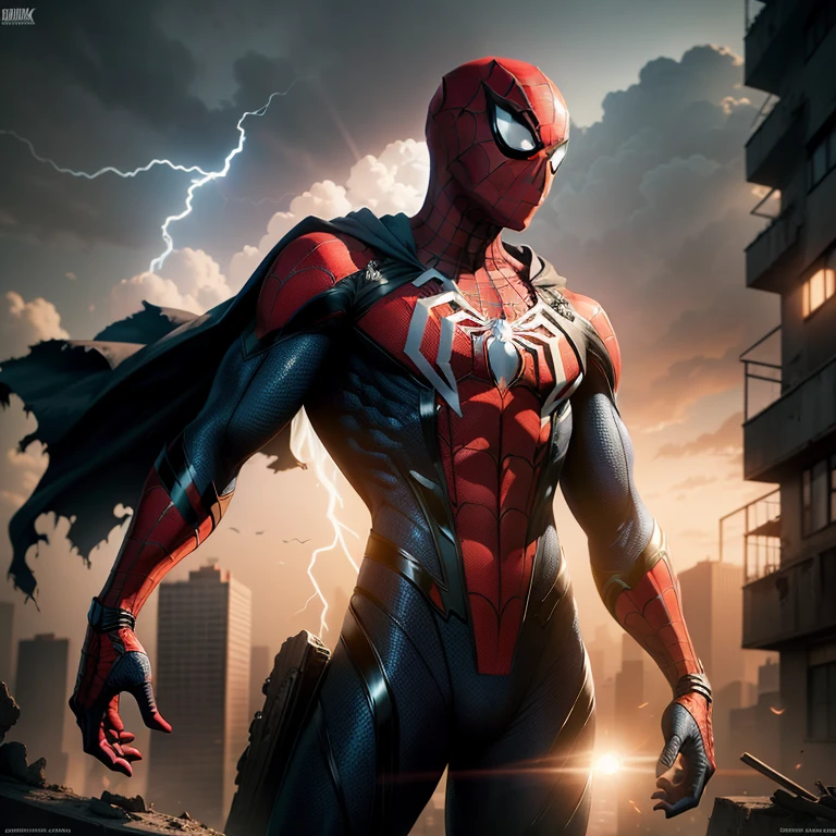 Spider-Man's ethereal ghostly form, dressed in a meticulously detailed costume resembling a spider, stands in the sun-drenched ruins of a decaying city at twilight. The superhero pose is striking, capturing a sense of determination as he surveys the desolate landscape. Smoke and sparks ascend from the debris, illuminated by cinematic lightning that creates a stark contrast against the backdrop of the setting sun. The 8K resolution of the image lends an extraordinary level of realism, emphasizing the intricacies of the ghostly suit's design.

A close-up shot focuses on Spider-Man's detailed