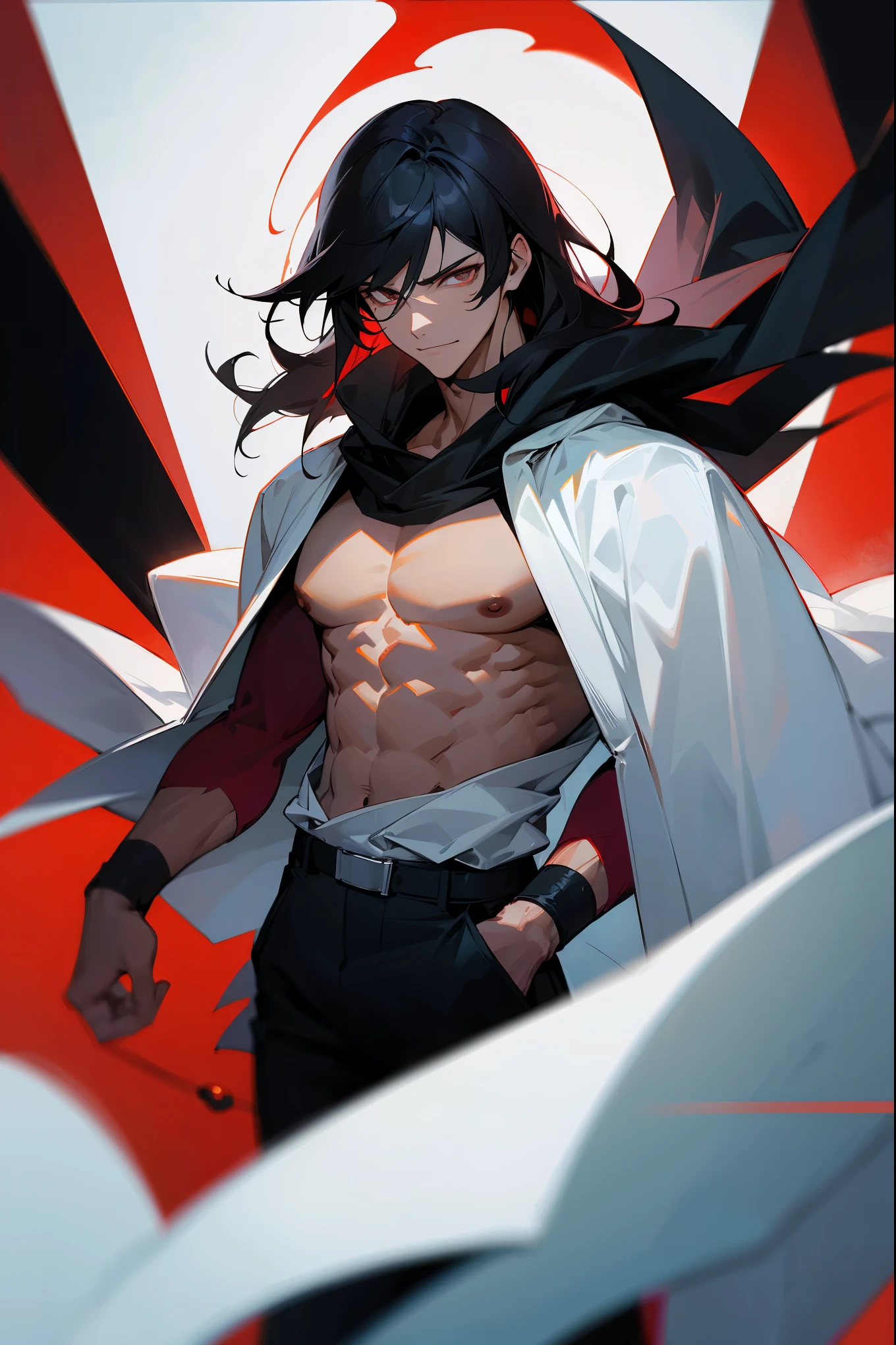 Man, guy, long hair, abs, black hair, cloak, smirk, (((from below)))