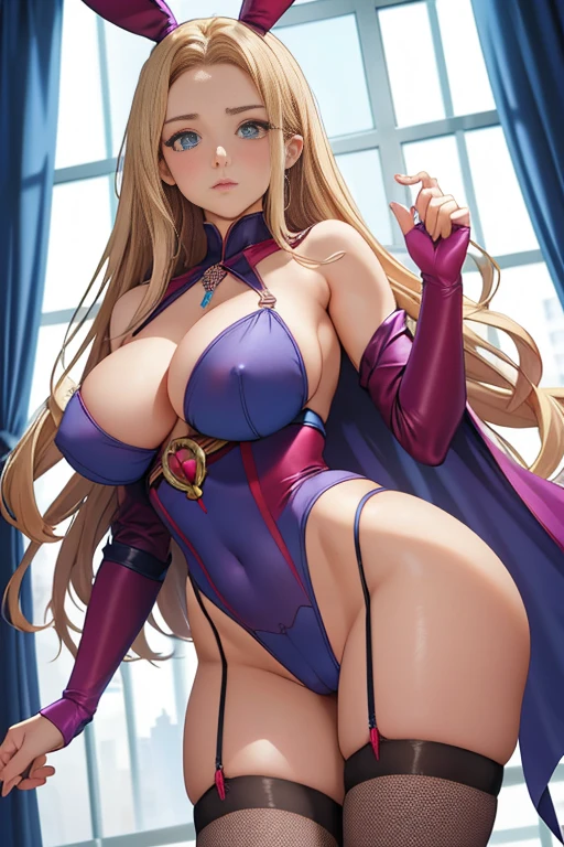 ((high definition image)), (lineas y colores bien definidos)((Best quality, Masterpiece, Nonsense)),1girll:1.9, Sexy, ( 38 years old woman), tetas naturales enormes), mature Beauty, natural beauty. Expressive blue eyes, shoulder-length, Long hair,Loose and fluffy hair),using only stockings (light blue super tight micro silk bunny suit), ecchi, illuminated room, big tits, big butt, sexy pose, hard niples, sweaty skin, (fishnet stockings), open legs, erected nipples, cute sexy face, wet skin, showing her crotch, detailed vagina, lewd expresions,she is extremely horny, ara ara face, micro sexy open lace lingerie, caderas anchas, piernas hermosas y largas, chica madura muy sexy, barely grow pubic hair, milf, natural body, pechos gigantescos, naughty mom waiting at home, half naked, beautiful nipples, ((Elizabeth Olsen as Scarlett witch anime version)), blonde