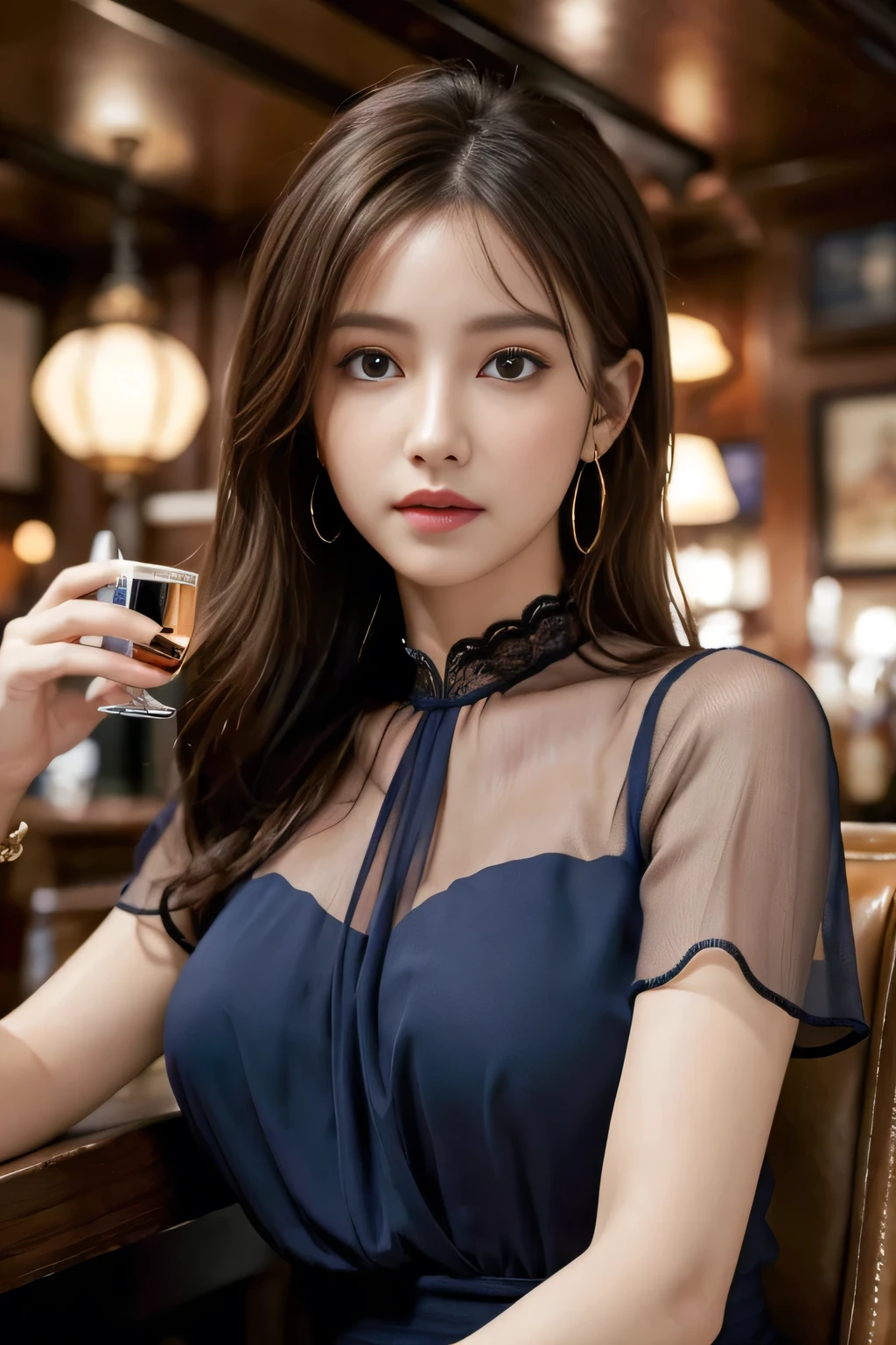 masterpiece, highest quality, Realistic, Very detailed, Finer details, High resolution, 8k wallpaper, One beautiful woman, Wear a navy blue see-through blouse, In a great pub, At night, Light brown messy hair, Perfect dynamic composition, Beautiful and beautiful eyes、Big earrings、Sitting in a chair、