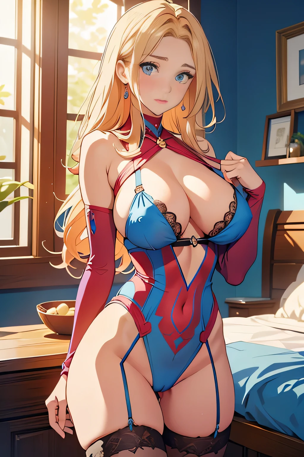 ((high definition image)), (lineas y colores bien definidos)((Best quality, Masterpiece, Nonsense)),1girll:1.9, Sexy, ( 38 years old woman), tetas naturales enormes), mature Beauty, natural beauty. Expressive blue eyes, shoulder-length, Long hair,Loose and fluffy hair),using only stockings (light blue super tight micro silk bunny suit), ecchi, illuminated room, big tits, big butt, sexy pose, hard niples, sweaty skin, (fishnet stockings), open legs, erected nipples, cute sexy face, wet skin, showing her crotch, detailed vagina, lewd expresions,she is extremely horny, ara ara face, micro sexy open lace lingerie, caderas anchas, piernas hermosas y largas, chica madura muy sexy, barely grow pubic hair, milf, natural body, pechos gigantescos, naughty mom waiting at home, half naked, beautiful nipples, ((Elizabeth Olsen as Scarlett witch anime version)), blonde, half naked