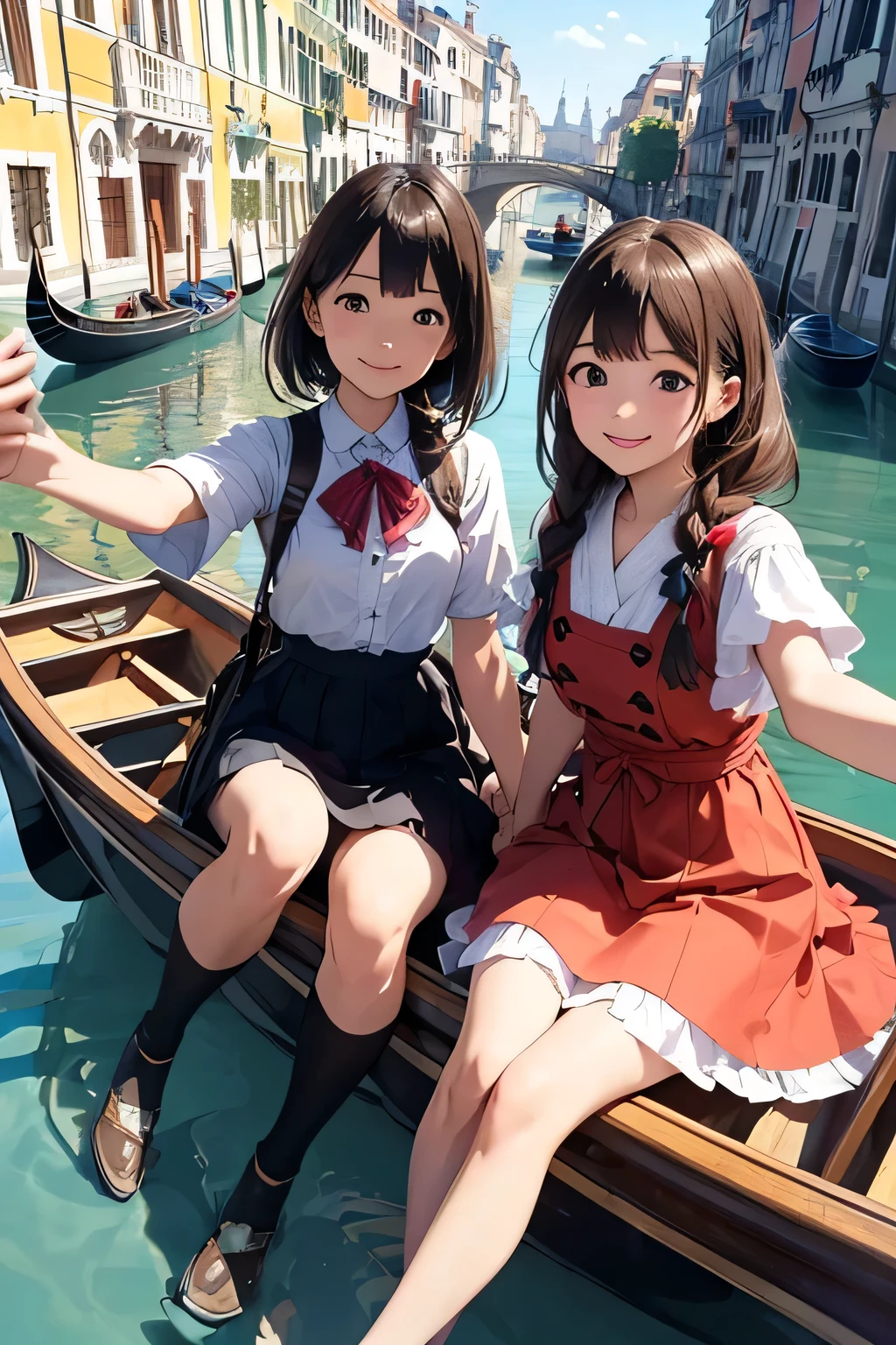 highest quality、High resolution、Detailed Background、(Beautiful face in every detail:1.4)、Anatomically correct、(Draw the correct number of fingers:1.2)、(Detailed facial expressions)、(Detailed eyes:1.2)、Teenage beauty、(Highly detailed face:1.4)、Cute hair colour、Braided Bob、ponytail、Cute hairstyle、well-groomed eyebrows、Do cute things、School trip、Cute JK Uniform、Unique scenery and historical architecture of a floating city、
(Beautiful girl smiling and taking a selfie on a gondola:1.5)、
A gondola glides gracefully under a stone bridge along a canal、There are two young women in the car.、
They are sitting holding hands、She has a somewhat embarrassed look on her face.、But at the same time、You can also sense the excitement.、
The gondola driver slowly rows the oars.、The two women are admiring the view of the canal that unfolds before them.、
A graceful gondola、The two of them look like they are in a dream state as they look at the historic buildings lining both sides of the street.、
「Wa、beautiful!」The two of them whispered to each other how touched they were.、They are holding hands and enjoying the view of the canal.、
Every now and then, the gondola driver breaks into song, bringing a smile to both of their faces.、The reflection of the two people on the water surface sways beautifully.、
In the relaxed flow of time、The two of them look genuinely happy、
The story unfolds on the canals of Venice.、It's a romantic scene.