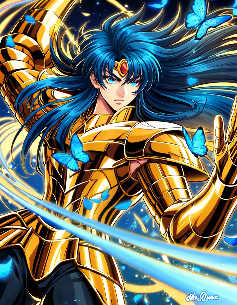 absurdres, highres, ultra detailed, HDR, master piece, best quality, Saga de gemini, dark blue long hair, expressive turquoise eyes, Saint Seiya, solo, sexy man, handsome, golden armor, black pants, glittering blue butterflies, blue petals, blue flowers, magical, fantasy, blue background