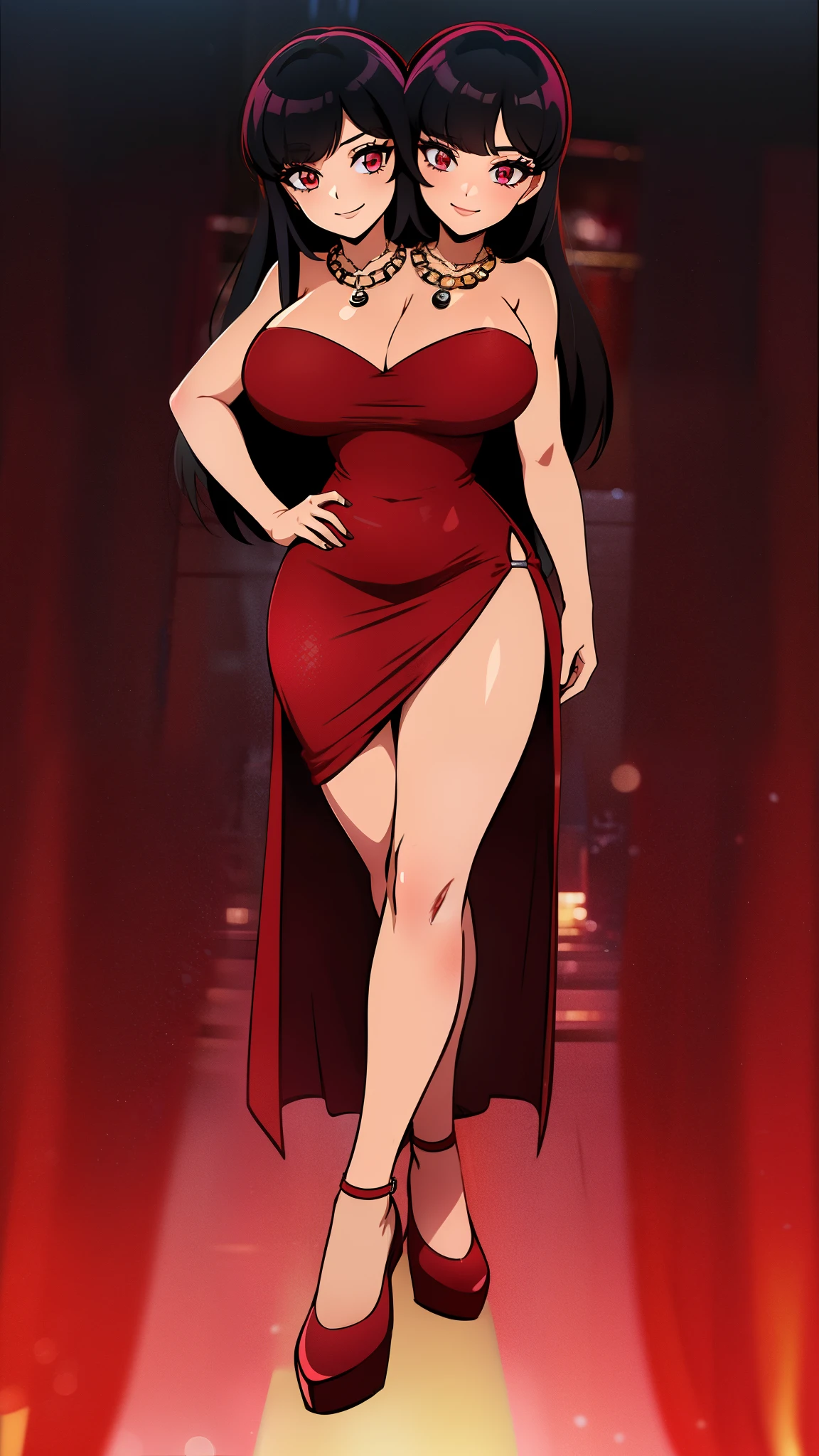 (16K), ((two headed woman)), smiling, highres, masterpiece, ((black hair)), cleavage, (( red dress:1.5)), lustrous and smooth skin, huge breasts, (mature woman), seductive silhouette, casual dress, sexy proportions, Beautiful girl with accentuated slender abs, seductive woman, ((party background)), necklace, body con dress, strapless, sleeveless, pink eyes, long hair, ((gala))