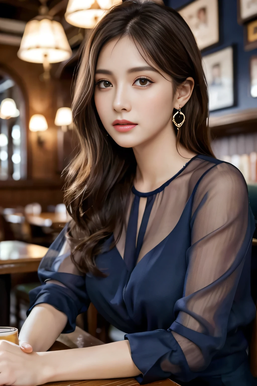 masterpiece, highest quality, Realistic, Very detailed, Finer details, High resolution, 8k wallpaper, One beautiful woman, Wear a navy blue see-through blouse, In a great pub, At night, Light brown messy hair, Perfect dynamic composition, Beautiful and beautiful eyes、Big earrings、Sitting in a chair、
