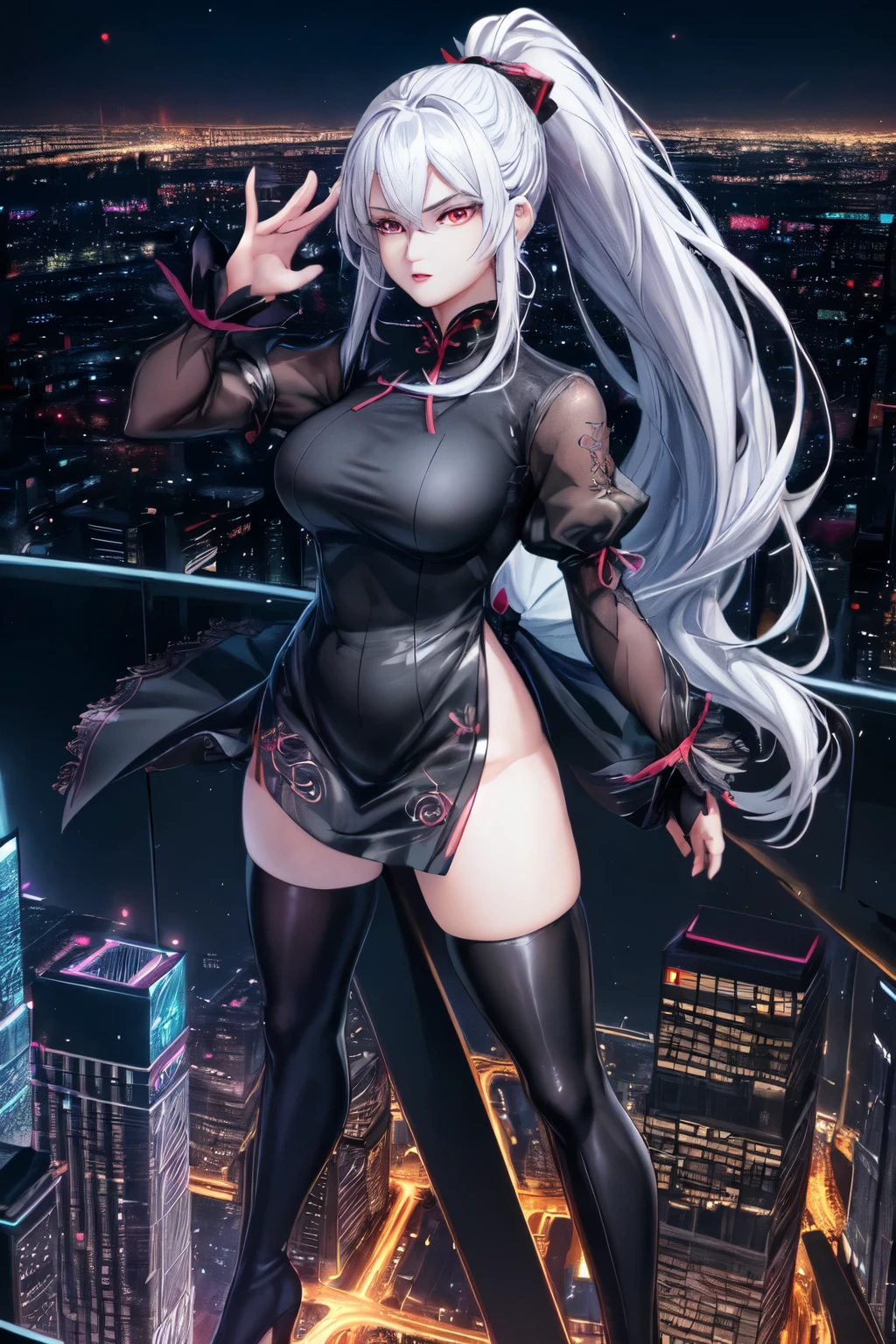 anime, (artwork, best quality, ultra-detailed, high contrast), 1 woman (Alone, full body, plus size body, standing on the edge of the skyscraper, silver hair, LONG In a ponytail, red eyes (detailed eyes), passionate expression, red lips (perfect lips), ruby sparkles, (simple black qipao), high heel boots black cybernetics with neon pink), transparent black socks), (skyscraper roof, overlooking a city, detailed background ((night time, Darkness, low light pollution))) face in close