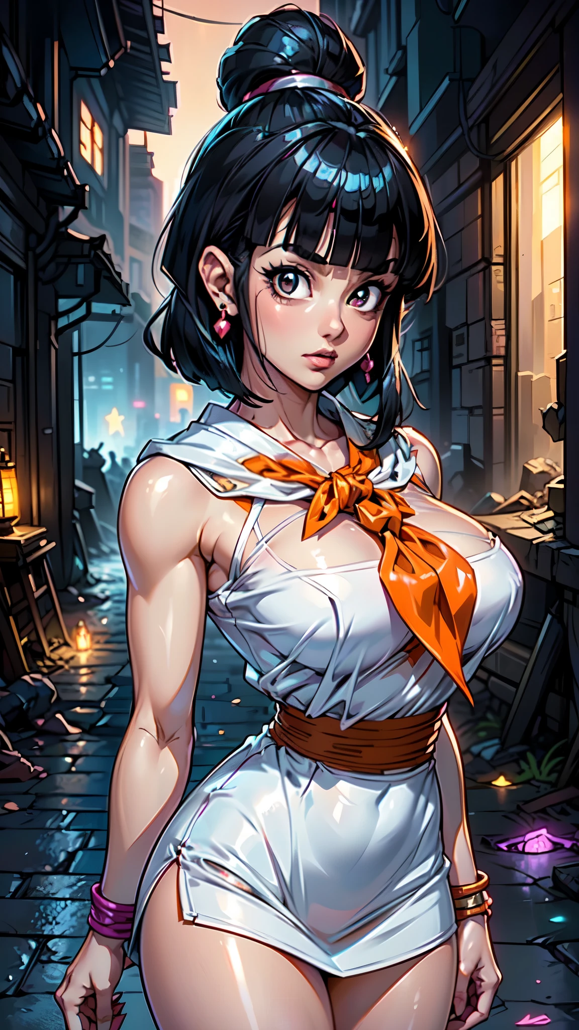 (La mejor calidad,A high resolution,Ultra - detallado,actual),(Videl dragon ball :1.4), lips,(thick\lips\), ,(Cyberpunk ruined dungeon ruins alley background :1.4 ), (miniskirt white :1.4), (medias blancas brillantes/pantys:1.4),(japanese white kimono :1.4), 
(shiny glossy translucent clothing:1.4 ), dragon ball, bbchichi, single hair bun, hair bun, (blunt bangs:1.4) , sidelocks, black eyes, earrings,( orange neckerchief:1.4) , orange scarf, purple dress, sleeveless, bracelet, huge breast, 
(looking at viewer, portrait:1.1),, 
 (busty:1.1) ,  (chubby:0.1),(soft shaded neon light:1.1),dark theme, A very clean and well organized contemporary place, (dynamic cowboy pose), (perfect anatomy :1.4), (Videl dragon ball V2.1), ,( ciberpunk 2.1),( face detailed:1.4), More detailed 8K.motor irreal:1.4,UHD,La mejor calidad:1.4, fotorrealista:1.4, textura de la piel:1.4, obra maestra:1.8,obra-prima, mejor calidad,objeto Objeto], (detailed face features:1.3),(Las proporciones correctas),(Ojos hermosos azules),  (pose vaquero), (estilo encaje lingerie white:1.4) 