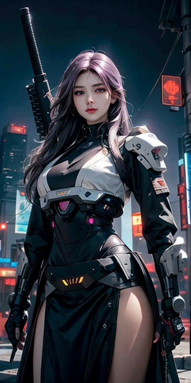photorealistic, high resolution, soft light,1women, solo, hips up, (detailed face),purple long hair, cybersamurai, cyborg, cyberpunk, cyber armor, holding weapon,glowing,gun, sniper, on the street