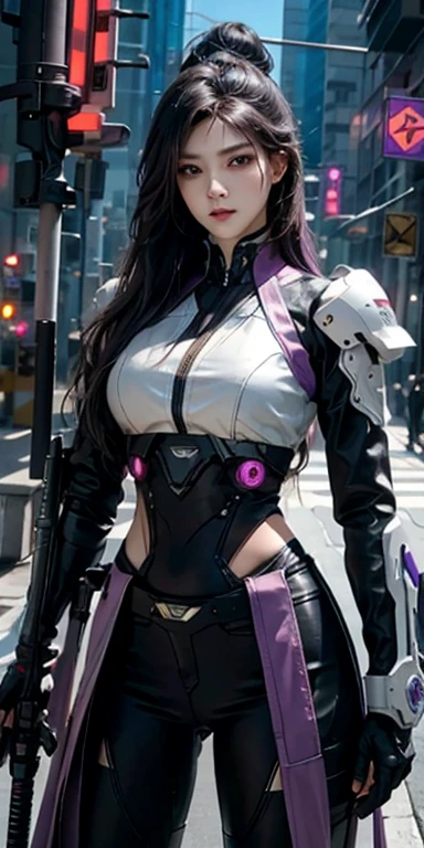 1girl, solo, long curly hair, looking left, bangs, simple background, black hair, red eyes, upper body, blunt bangs, red background, science fiction, high collar, cyberpunk, girl in skirt, full violet background