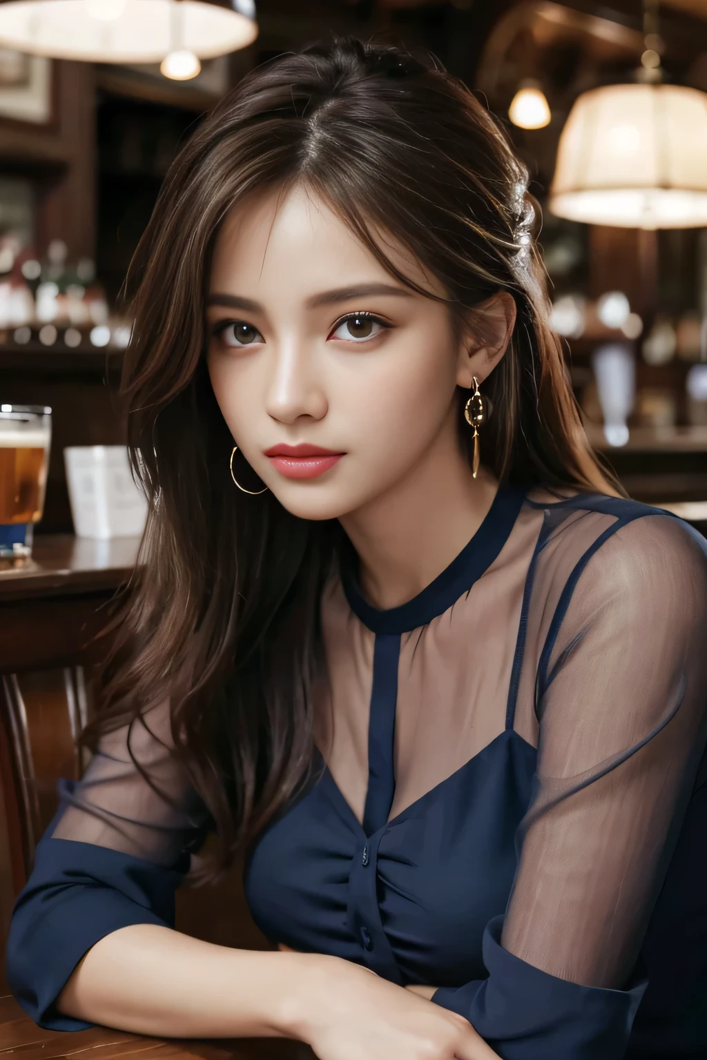 masterpiece, highest quality, Realistic, Very detailed, Finer details, High resolution, 8k wallpaper, One beautiful woman, Wear a navy blue see-through blouse, In a great pub, At night, Light brown messy hair, Perfect dynamic composition, Beautiful and beautiful eyes、Big earrings、Sitting in a chair、