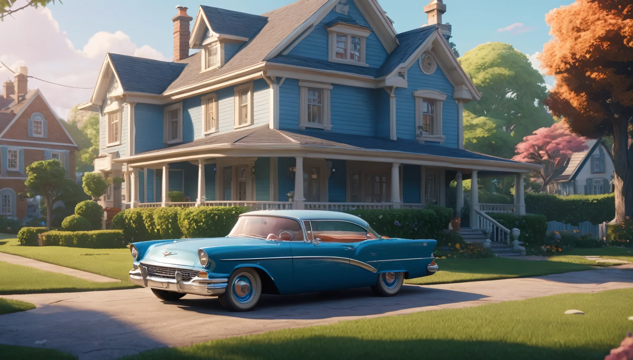 a classic car parked in front of a house, disney concept art :: nixri, idyllic cottage, unreal 6 breathtaking detailed, in a movie still cinematic, maple story, 5 0 s aesthetic, games 3 d, in a garden of a house, still frame from a movie, riverdale, computer game art, neighborhood