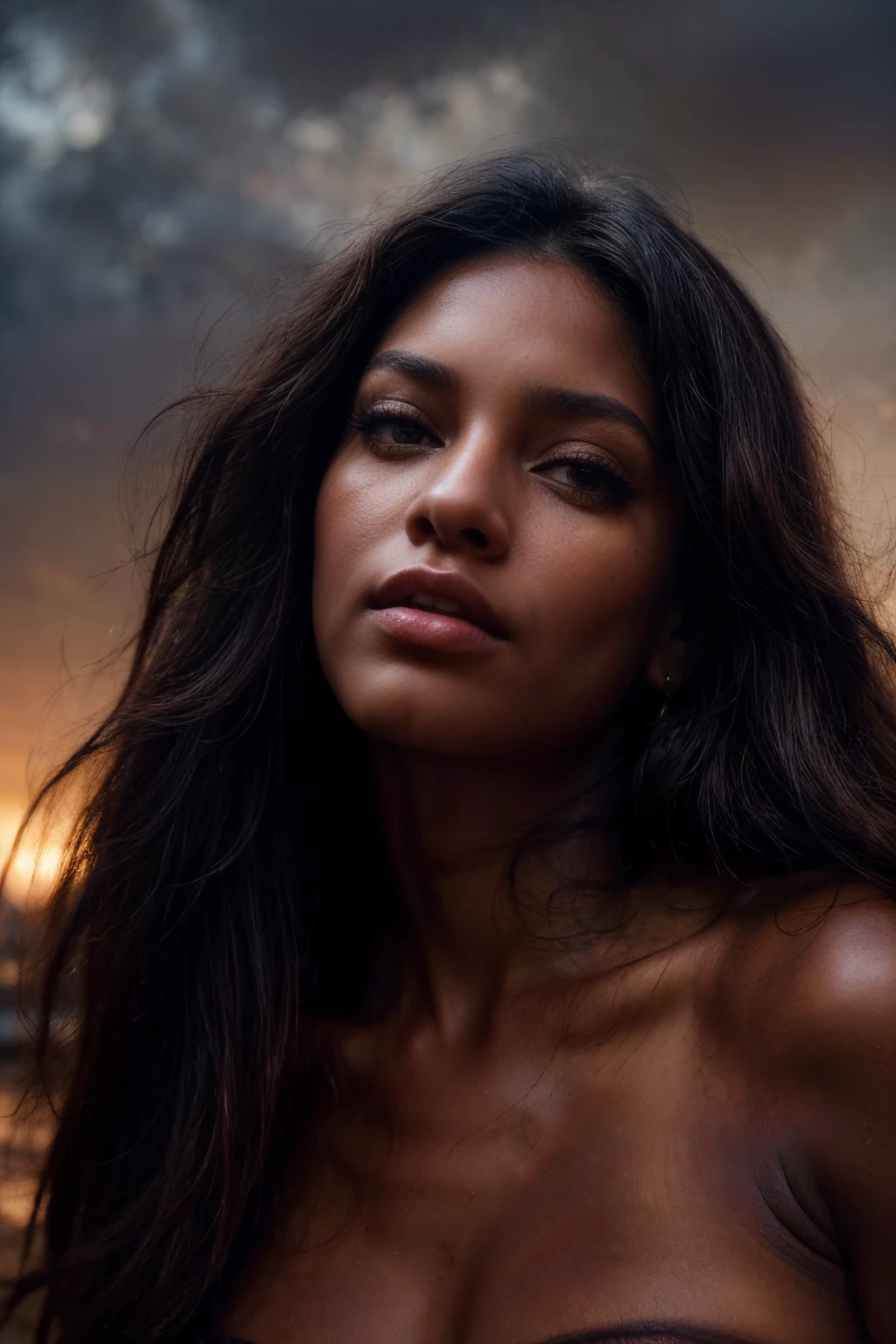 photo of beautiful (dark skin girl:1.4) in front clouds, she's facing front to camera, skin is smooth and radiant, film quality, woman (ultra-realistic , she's in deep darkness ,soft accents, gorgeous rembrandt like lighting, (Rembrandt patch), photo with background of white clouds, miniature pine trees, (highest quality textured cotton ball backdrop), lush clouds with accent highlights(highest quality), Her luscious, natural dark hair cascades down, framing her face with an aura of allure. With striking eyes, adorned with long lashes, eyes, the color of rich deep colors, ancient seduction and passion. Finely detailed(Fine-grained), (highest detail skin texture peach-fuzz earlobe realistic) ○○ res – ○○ resolution ultra high res(A high resolution) , very high texture res(light resolution), Realistic – Realistic Photorealistic – (photorealistic beautiful eyes, lashes, pupil colors, 4k) , 8K,extreme detail, close and intimate, she looks direct to viewer, captivating eyes looking at us,Her perfectly sculpted lips, highly real lipglass,painted a bold shade of crimson. she is Ingres, Vermeer, work of art, indulge in the exploration of desire.solo woman, (highest quality skin), long hair, every detail,Fine facial features, micro-details of skin and hair Masterpiece – Masterpiece ○○ quality – ○○ quality best quality(Highest Quality) ,Leica film, best, solo female, High quality (hiquality) etc ○○ detailed – ○○ details ultra-fine detailed(micro details), Photorealistic, Extremely detailed(Extremely detailed) , Finely detailed(Fine-grained), (highest detail skin texture) ○○ res – ○○ resolution ultra high res(A high resolution) , very high texture res(light resolution), Realistic – Realistic Photorealistic – photorealistic beautiful – beautiful 4k , 8K, relaxed, close and intimate,