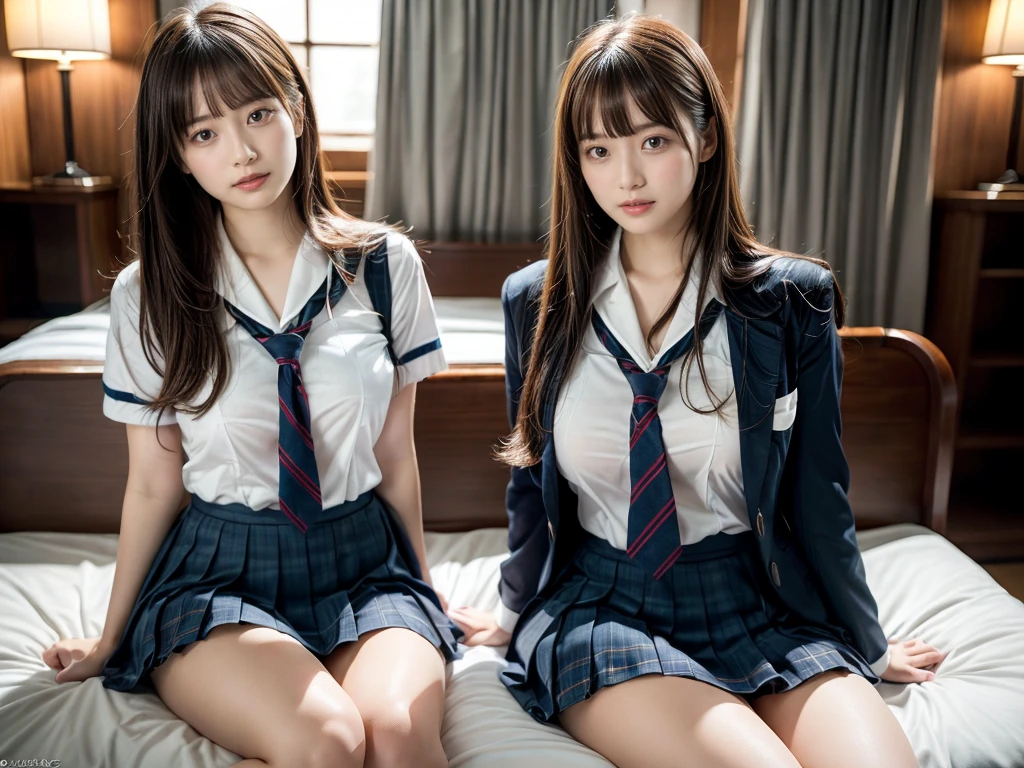 (RAW photo, 4k, masterpiece, high resolution, extremely complex) (realistic: 1.4), cinematic lighting
((2 girls, 2 schoolgirls)),Slam Dunk's,blushing,((innocent)),(Dark makeup),bright eyes,round eyes,blunt bangs,(straight hair:1.3),black hair,large breasts,wide hips,Summer Noon, 20 year old girl、cute type、lolita,Hot, (Best Quality), (Highres), (an Extremely Delicate and Beautiful),(Beautiful 8k face),(Brown eyes),short bob hair,( spectators),(gigantic breasts),(Play with each other,Touching each other's bodies,Touching the body),(Japanese high school uniform:1.3),blue skirt,(reality),bright lighting,(The background is a luxury hotel room)