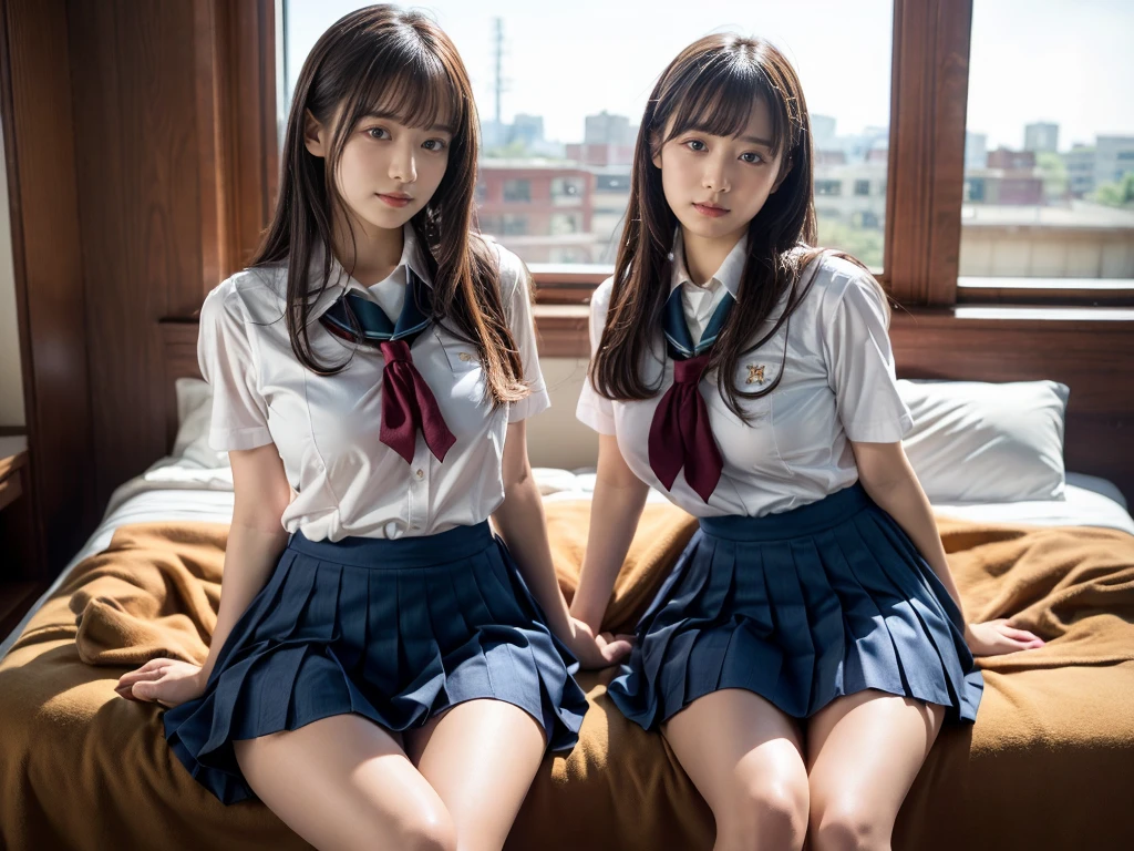 (RAW photo, 4k, masterpiece, high resolution, extremely complex) (realistic: 1.4), cinematic lighting
((2 girls, 2 schoolgirls)),Slam Dunk's,blushing,((innocent)),(Dark makeup),bright eyes,round eyes,blunt bangs,(straight hair:1.3),black hair,large breasts,wide hips,Summer Noon, 20 year old girl、cute type、ta,Hot, (Best Quality), (Highres), (an Extremely Delicate and Beautiful),(Beautiful 8k face),(Brown eyes),short bob hair,( spectators),(gigantic breasts),(Play with each other,Touching each other's bodies,Touching the body),(Japanese high school uniform:1.3),blue skirt,(reality),bright lighting,(The background is a luxury hotel room)