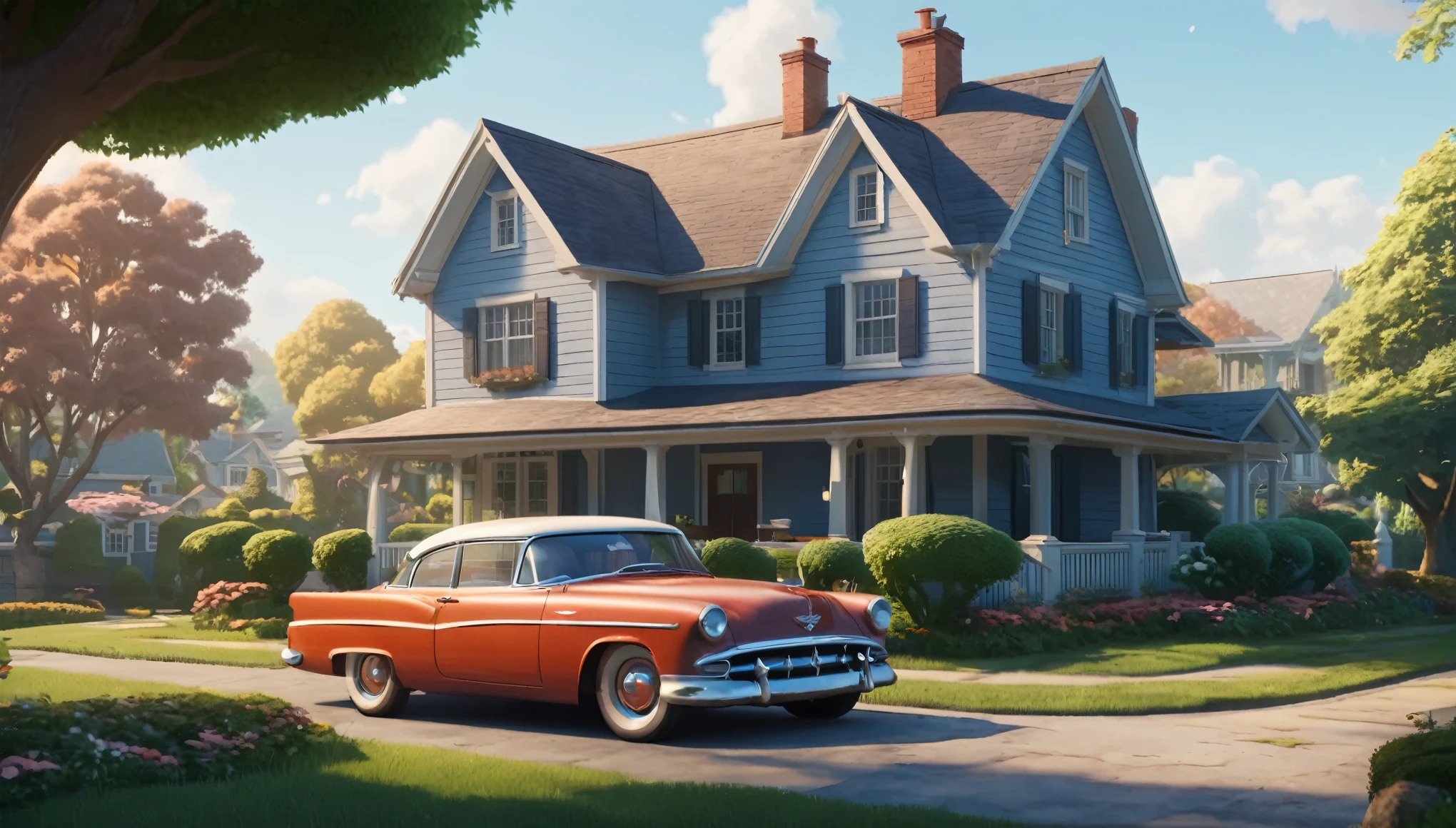 a classic car parked in front of a house, disney concept art :: nixri, idyllic cottage, unreal 6 breathtaking detailed, in a movie still cinematic, maple story, 5 0 s aesthetic, games 3 d, in a garden of a house, still frame from a movie, riverdale, computer game art, neighborhood