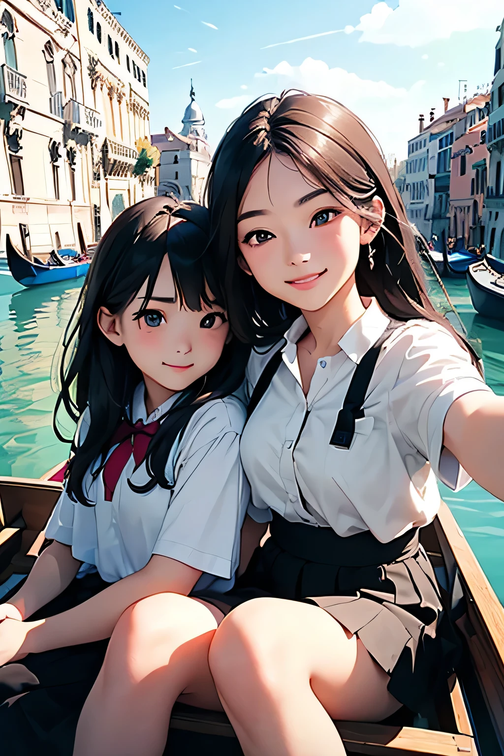 highest quality、High resolution、Detailed Background、(Beautiful face in every detail:1.4)、Anatomically correct、(Draw the correct number of fingers:1.2)、(Detailed facial expressions)、(Detailed eyes:1.2)、age beauty、(Highly detailed face:1.4)、Cute hair colour、Braided Bob、ponytail、Cute hairstyle、well-groomed eyebrows、Do cute things、School trip、Cute JK Uniform、Unique scenery and historical architecture of a floating city、
(Beautiful girl smiling and taking a selfie on a gondola:1.5)、
A gondola glides gracefully under a stone bridge along a canal、There are two young women in the car.、
They are sitting holding hands、She has a somewhat embarrassed look on her face.、But at the same time、You can also sense the excitement.、
The gondola driver slowly rows the oars.、The two women are admiring the view of the canal that unfolds before them.、
A graceful gondola、The two of them look like they are in a dream state as they look at the historic buildings lining both sides of the street.、
「Wa、beautiful!」The two of them whispered to each other how touched they were.、They are holding hands and enjoying the view of the canal.、
Every now and then, the gondola driver breaks into song, bringing a smile to both of their faces.、The reflection of the two people on the water surface sways beautifully.、
In the relaxed flow of time、The two of them look genuinely happy、
The story unfolds on the canals of Venice.、It's a romantic scene.