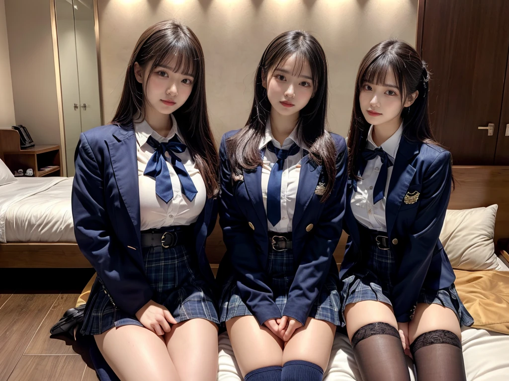 (8K, Raw photography, top-quality, masterpiece:1.2), master piece, best quality, illustration, Super detailed, fine details, High resolution, 8K,wall paper, perfect dynamic composition,(Details High quality, realistic depiction of eyes:1.3), ((2 girls, 2 schoolgirls)), The background is a luxury hotel room、High school girl uniform、blazer 、Super Short Check Uniform Skirt、Navy blue high socks、garterbelts、Colossal tits、Disturbed uniform, Play with each other,Touching each other's bodies,Touching the body of the girl next door, short bob hair, black hair color, huge breasts, Big Natural Color Lip, bold sexy pose, (perfect body shape), crying a little、cold gaze, Beautiful makeup,glitter makeup,Cutest 18 years old, beautiful legs, hposing Gravure Idol, Voluptuous thighs