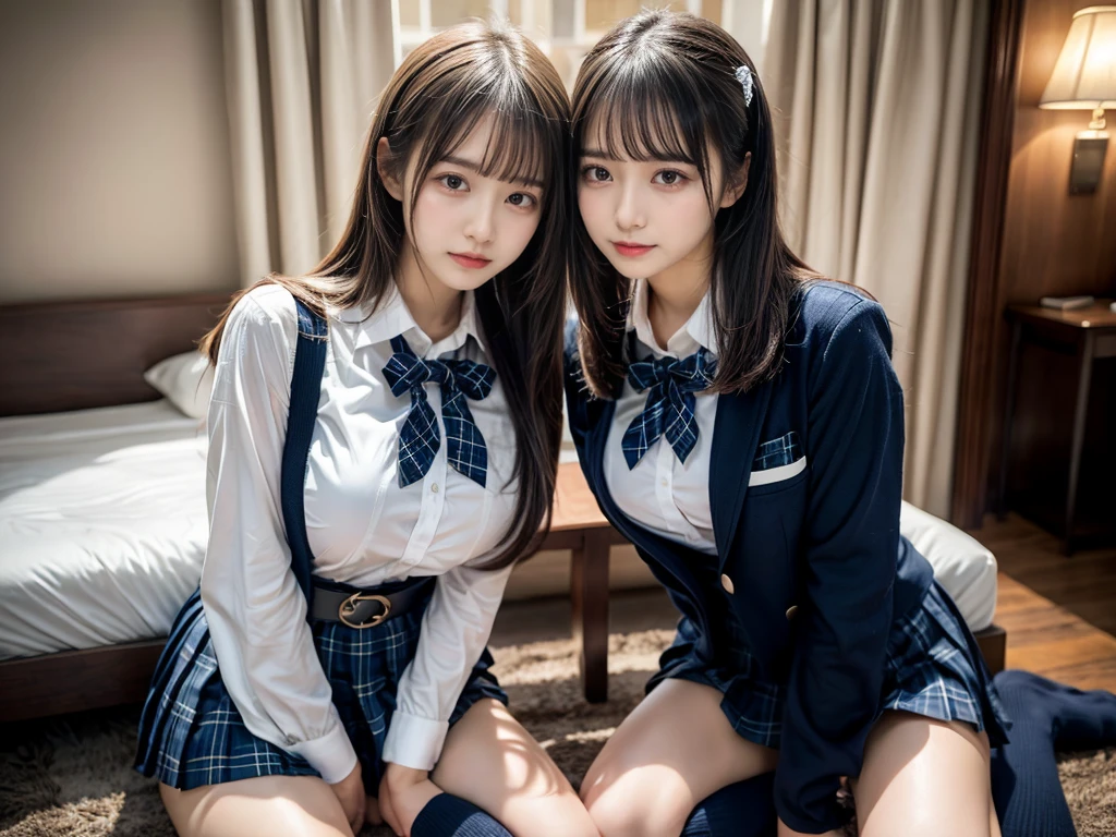 (8K, Raw photography, top-quality, masterpiece:1.2), master piece, best quality, illustration, Super detailed, fine details, High resolution, 8K,wall paper, perfect dynamic composition,(Details High quality, realistic depiction of eyes:1.3), ((2 girls, 2 schoolgirls)), The background is a luxury hotel room、High school girl uniform、blazer 、Super Short Check Uniform Skirt、Navy blue high socks、garterbelts、Colossal tits、Disturbed uniform, Play with each other,Touching each other's bodies,Touching the body of the girl next door, short bob hair, black hair color, huge breasts, Big Natural Color Lip, bold sexy pose, (perfect body shape), crying a little、cold gaze, Beautiful makeup,glitter makeup,Cutest 18 years old, beautiful legs, hposing Gravure Idol, Voluptuous thighs