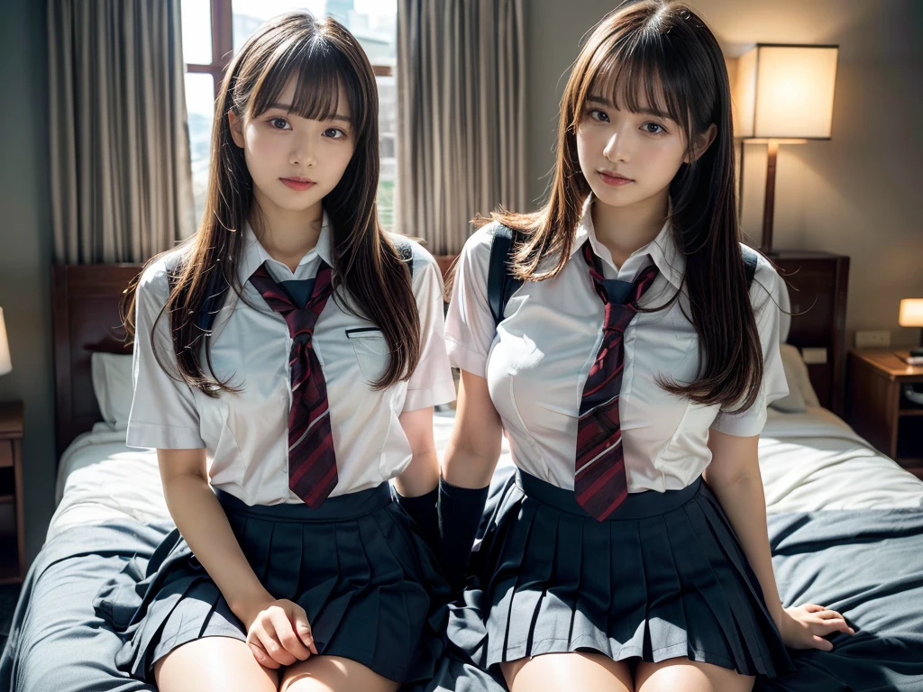 (RAW photo, 4k, masterpiece, high resolution, extremely complex) (realistic: 1.4), cinematic lighting
 ((2 girls, 2 schoolgirls)),Slam Dunk's,blushing,((innocent)),(Dark makeup),bright eyes,round eyes,blunt bangs,(straight hair:1.3),black hair,large breasts,wide hips,Summer Noon, 20 year old girl、cute type、lolita,Hot, (Best Quality), (Highres), (an Extremely Delicate and Beautiful),(Beautiful 8k face),(Brown eyes),short bob hair,( spectators),(gigantic breasts),(Play with each other,Touching each other's bodies,Touching the body),(Japanese high school uniform:1.3),blue skirt,(reality),bright lighting,(The background is a luxury hotel room)
