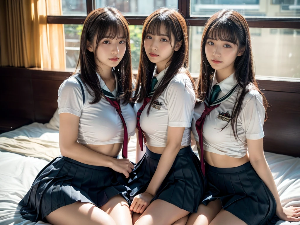 (RAW photo, 4k, masterpiece, high resolution, extremely complex) (realistic: 1.4), cinematic lighting
((2 girls, 2 schoolgirls)),Slam Dunk's,blushing,((innocent)),(Dark makeup),bright eyes,round eyes,blunt bangs,(straight hair:1.3),black hair,large breasts,wide hips,Summer Noon, 20 year old girl、cute type、lolita,Hot, (Best Quality), (Highres), (an Extremely Delicate and Beautiful),(Beautiful 8k face),(Brown eyes),short bob hair,( spectators),(gigantic breasts),(Play with each other,Touching each other's bodies,Touching the body),(Japanese high school uniform:1.3),blue skirt,(reality),bright lighting,(The background is a luxury hotel room)