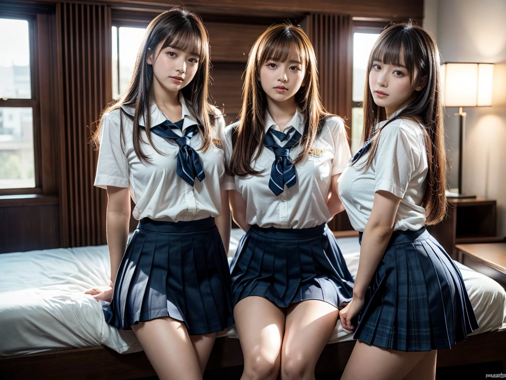 (RAW photo, 4k, masterpiece, high resolution, extremely complex) (realistic: 1.4), cinematic lighting
 ((2 girls, 2 schoolgirls)),Slam Dunk's,blushing,((innocent)),(Dark makeup),bright eyes,round eyes,blunt bangs,(straight hair:1.3),black hair,large breasts,wide hips,Summer Noon, 20 year old girl、cute type、ta,Hot, (Best Quality), (Highres), (an Extremely Delicate and Beautiful),(Beautiful 8k face),(Brown eyes),short bob hair,( spectators),(gigantic breasts),(Play with each other,Touching each other's bodies,Touching the body),(Japanese high school uniform:1.3),blue skirt,(reality),bright lighting,(The background is a luxury hotel room)