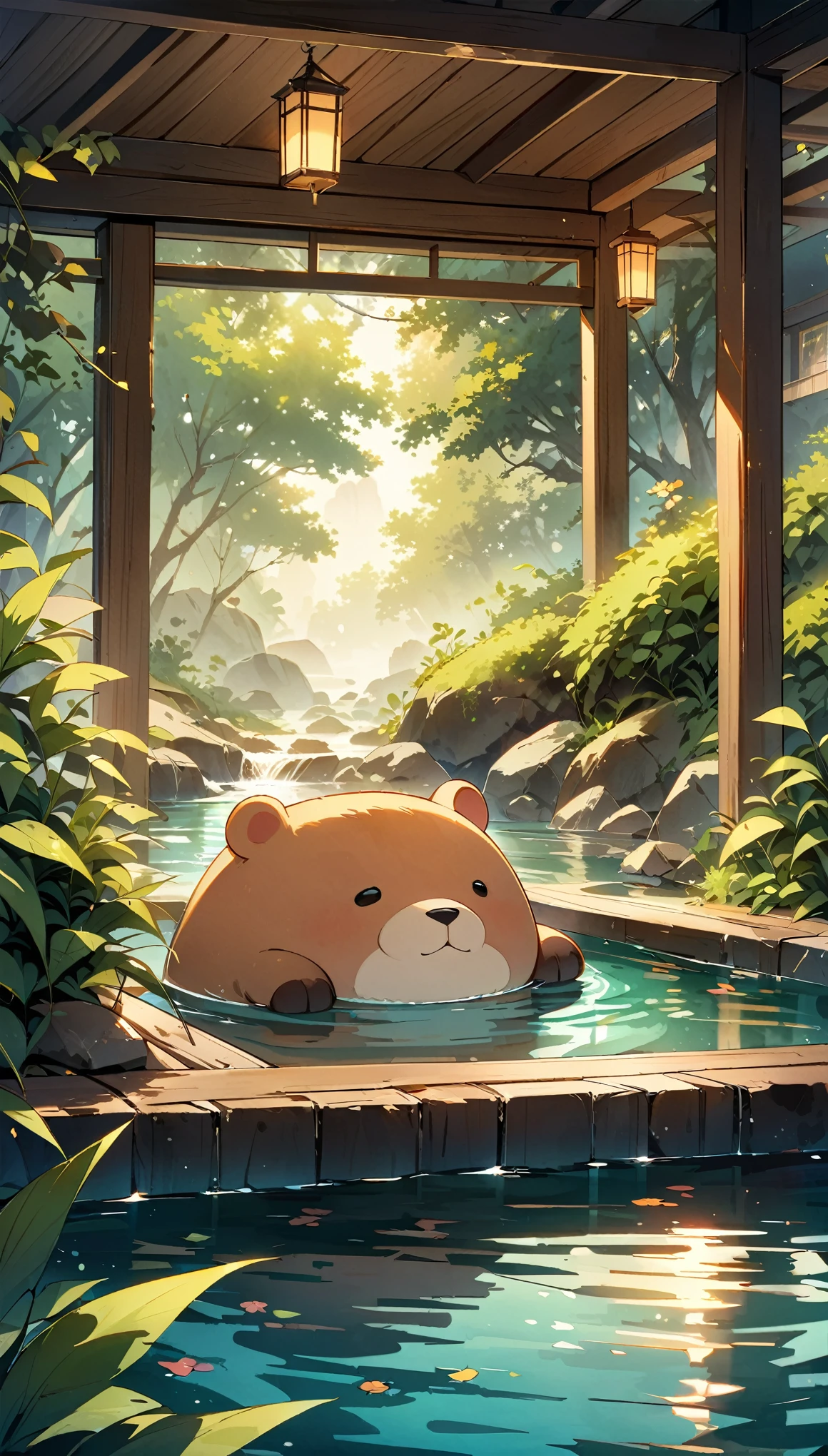 daily challenge((Hot springs with capybaras))、1 capybara:1.2、Cozy atmosphere、Rising steam、Lush vegetation、Relaxing bath、Calm colors、Ripples on a calm water surface、Calm atmosphere tranquility、A faint mist in the air、A sense of harmony and serenity、A delightful encounter with nature、A relaxing experience、A moment of blissful escape。 (highest quality、4k、8k、High resolution、masterpiece: 1.2)、Super detailed、(Chibi: 1.37)、Bright colors、Bokeh。