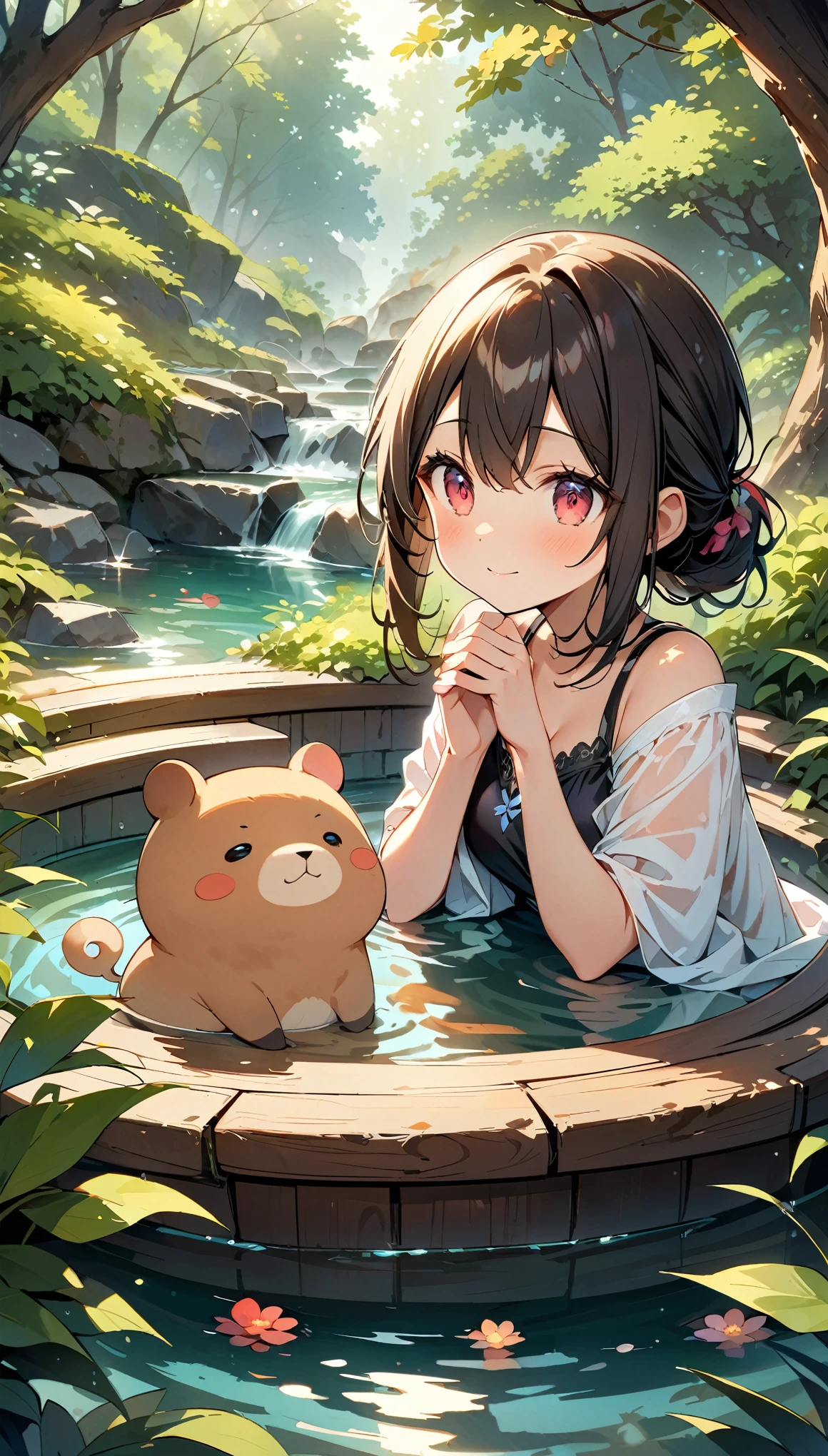 daily challenge((Hot springs with capybaras))、1 capybara:1.2、Cozy atmosphere、Rising steam、Lush vegetation、Relaxing bath、Calm colors、Ripples on a calm water surface、Calm atmosphere tranquility、A faint mist in the air、A sense of harmony and serenity、A delightful encounter with nature、A relaxing experience、A moment of blissful escape。 (highest quality、4k、8k、High resolution、masterpiece: 1.2)、Super detailed、(Chibi: 1.37)、Bright colors、Bokeh。