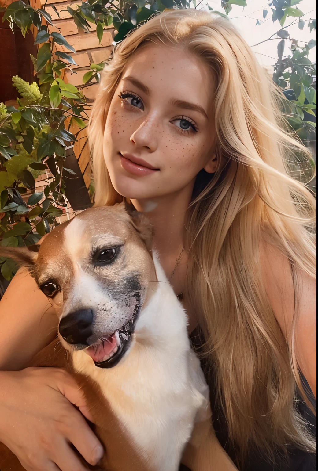 mulher, americana, 25 anos, pale skin and freckles, olhos cinzas, nariz delicado, soft and delicate lips, longo, cabelo blondie longo e ondulado na altura da cintura, sorriso meigo, face with delicate feminine facial features, altamente renderizado