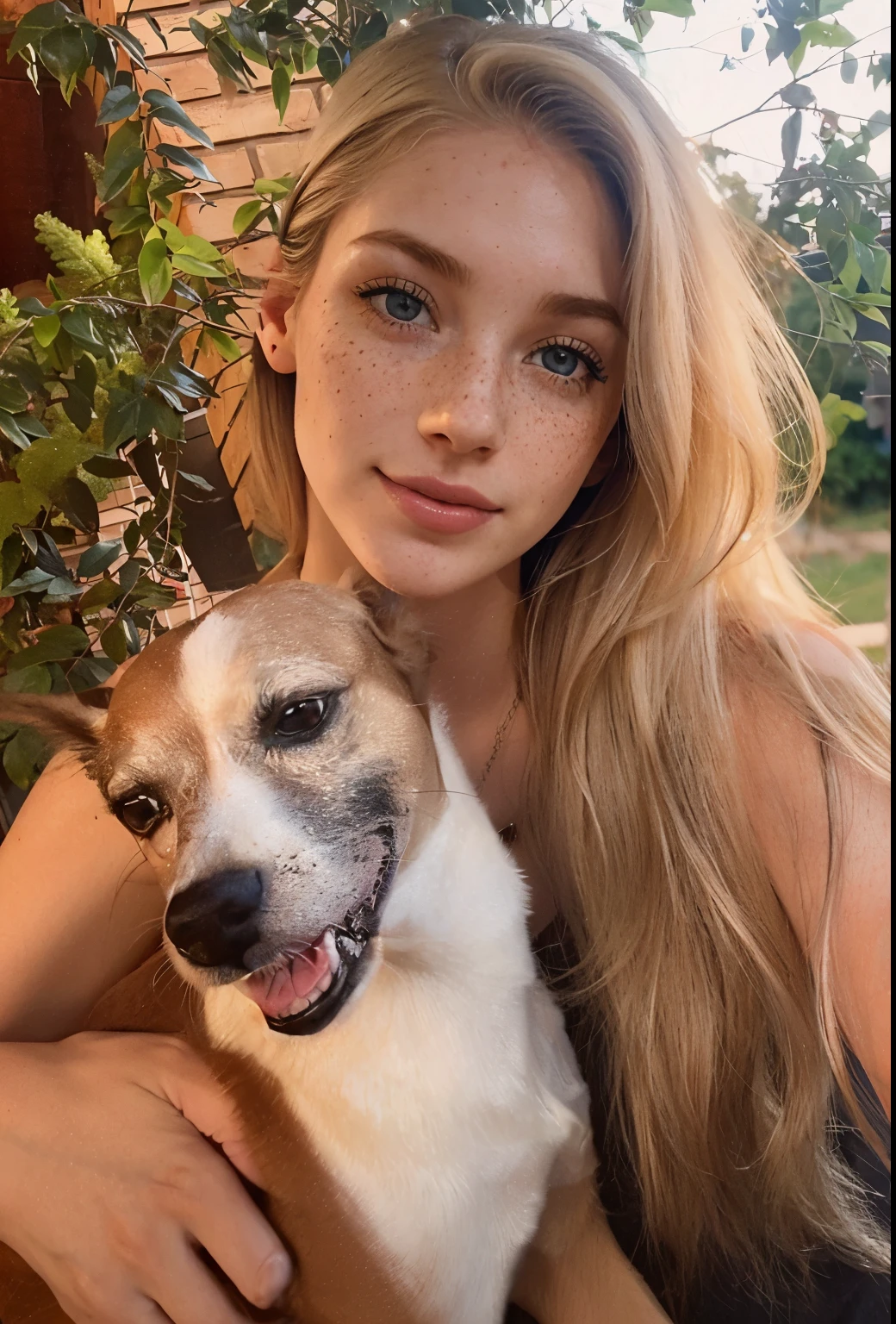 36 year old platin blonde pretty 36 year old woman with symmetric face, big eyes and red bright lips, huge juicy in a cute sexy dress with her cute little puppy in the parc