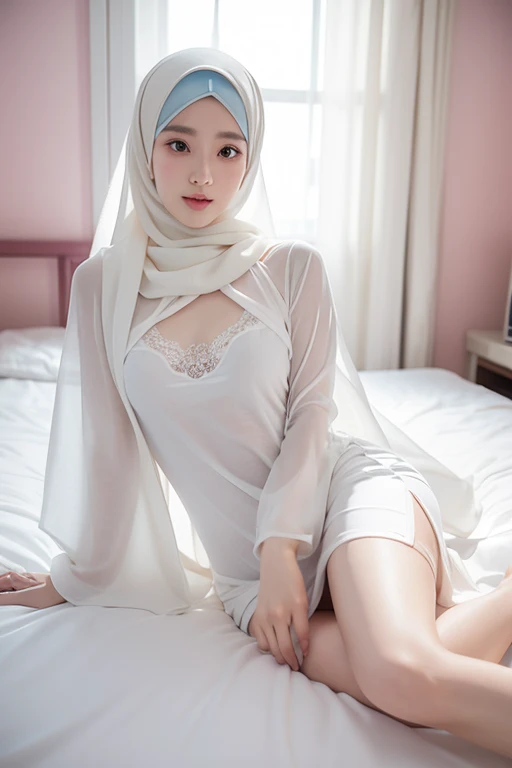 White hijab woman lying on bed wearing pastel colored dress, beautiful south korean woman, beautiful young korean woman, beautiful chinese model, beautiful young korean woman, korean woman, korean female fashion model, korean woman, beautiful asian girl, japanese model, white pale milk porcelain skin, attractive pose, open chest V dress, medium breasts, visible thighs, pose on the bed, beautiful long hijab girl model