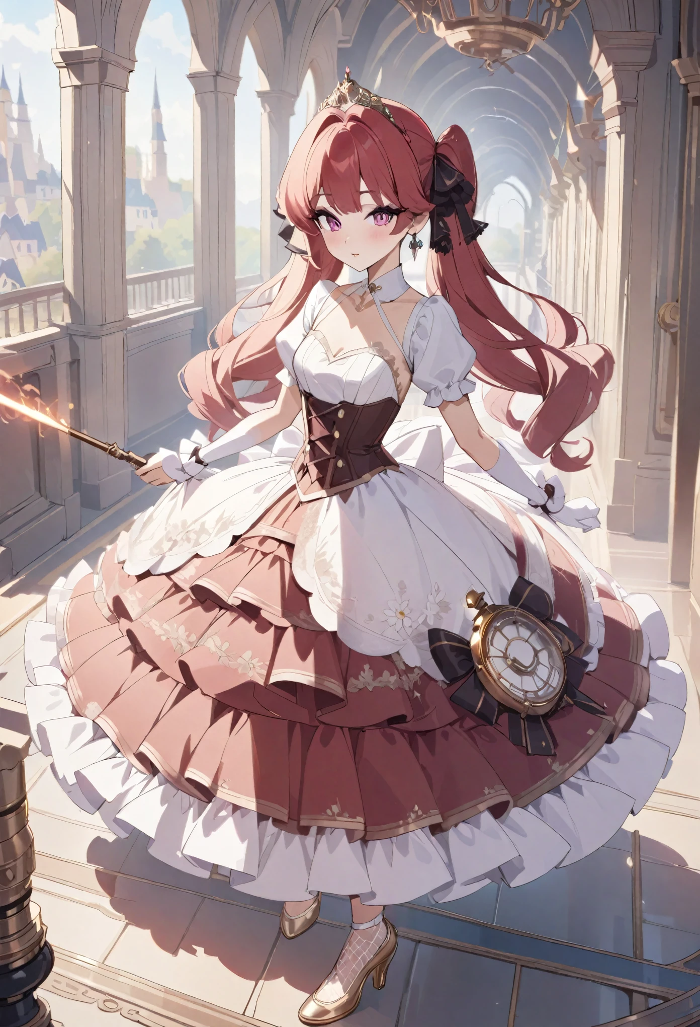 (best quality,4k,8k,highres,masterpiece:1.2),ultra-detailed, Pretty  princess, drawn in anime style, is cute and happy, long red twin tail hair, pink eyes, small breast, makeup and lipstick, steampunk, red and white ball gown with puffy sleeves, physically-based rendering,gorgeous princess dress design,flowing gown,elaborate lace details,rich textures,contrast stitching,delicate ribbon bows,floral accents, daisy flowers embroidery, full skirt,short sleeves,fitted waistline,flared cuffs,lace-up back,luxurious fabrics,flawless silhouette, petticoat, bloomers, bustle, corset, hair ribbons, white elbow gloves, ruby earrings and necklace, gold tiara, high heels, holding a fire magic wand, walking in castle hallway, highly detailed, 4K.
