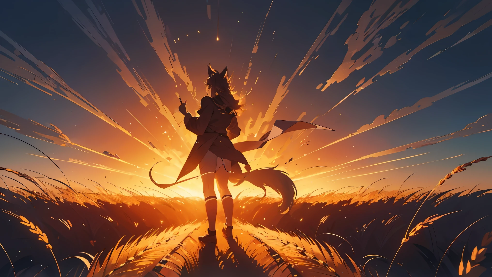 (4K images:1.3),Anime-like images,High resolution,Very beautiful illustration,A fantastic atmosphere,Werewolf,Back view,Ears and tail,gold,Wheat field