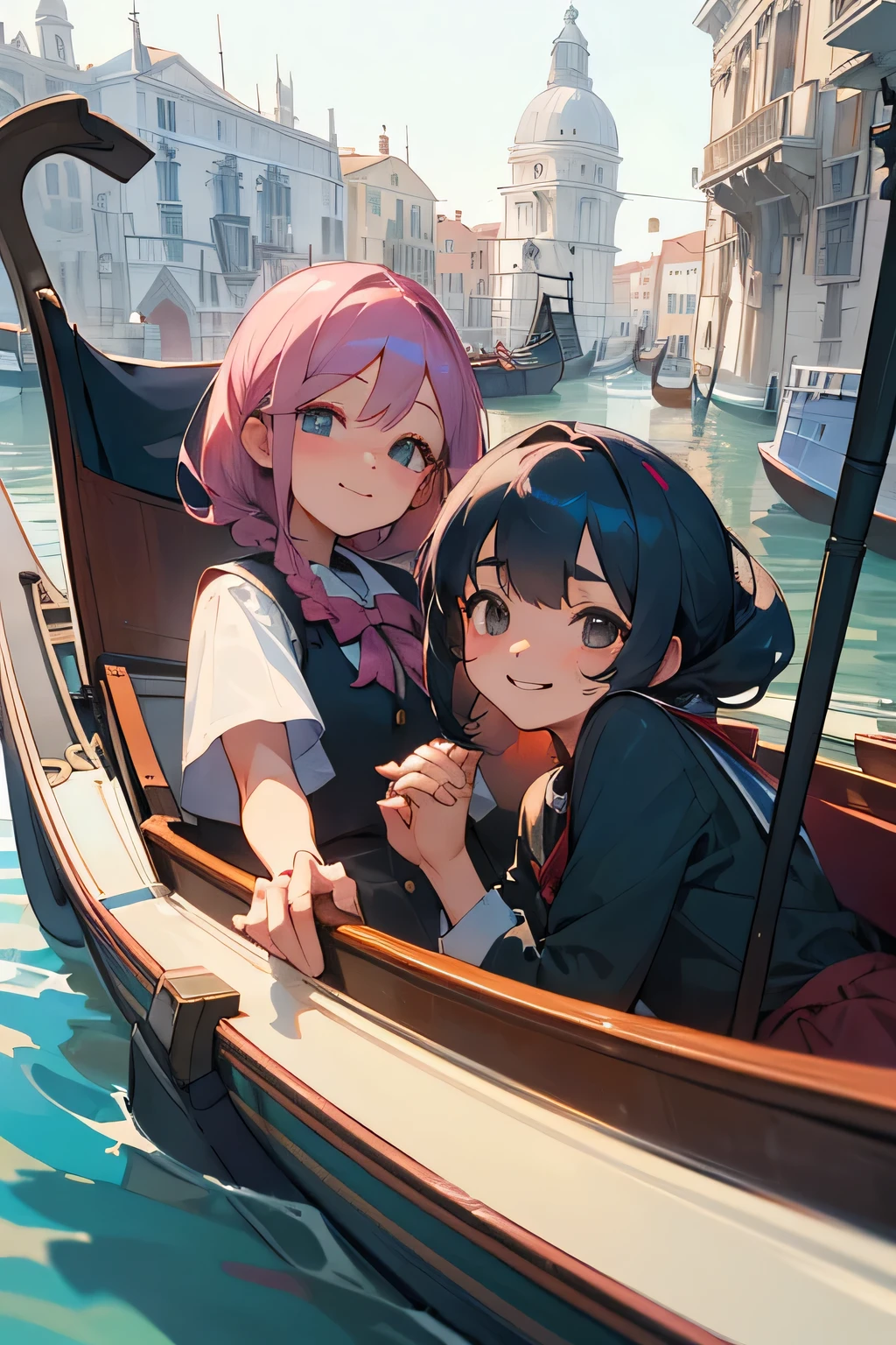 highest quality、High resolution、Detailed Background、(Beautiful face in every detail:1.4)、Anatomically correct、(Draw the correct number of fingers:1.2)、(Detailed facial expressions)、(Detailed eyes:1.2)、Teenage beauty、(Highly detailed face:1.4)、Cute hair colour、Braided Bob、ponytail、Cute hairstyle、well-groomed eyebrows、Do cute things、School trip、Cute JK Uniform、Unique scenery and historical architecture of a floating city、
(Beautiful girl smiling and taking a selfie on a gondola:1.5)、
A gondola glides gracefully under a stone bridge along a canal、There are two young women in the car.、
They are sitting holding hands、She has a somewhat embarrassed look on her face.、But at the same time、You can also sense the excitement.、
The gondola driver slowly rows the oars.、The two women are admiring the view of the canal that unfolds before them.、
A graceful gondola、The two of them look like they are in a dream state as they look at the historic buildings lining both sides of the street.、
「Wa、beautiful!」The two of them whispered to each other how touched they were.、They are holding hands and enjoying the view of the canal.、
Every now and then, the gondola driver breaks into song, bringing a smile to both of their faces.、The reflection of the two people on the water surface sways beautifully.、
In the relaxed flow of time、The two of them look genuinely happy、
The story unfolds on the canals of Venice.、It's a romantic scene.