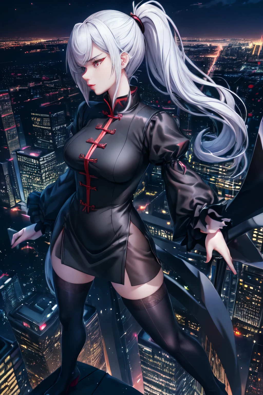 anime, (artwork, best quality, ultra-detailed, high contrast), 1 woman (Alone, full body, plus size body, standing on the edge of the skyscraper, silver hair, LONG In a ponytail, red eyes (detailed eyes), passionate expression, red lips (perfect lips), ruby sparkles, (simple black qipao), high heel boots black cybernetics with neon pink), transparent black socks), (skyscraper roof, overlooking a city, detailed background ((night time, Darkness, low light pollution))) face in close