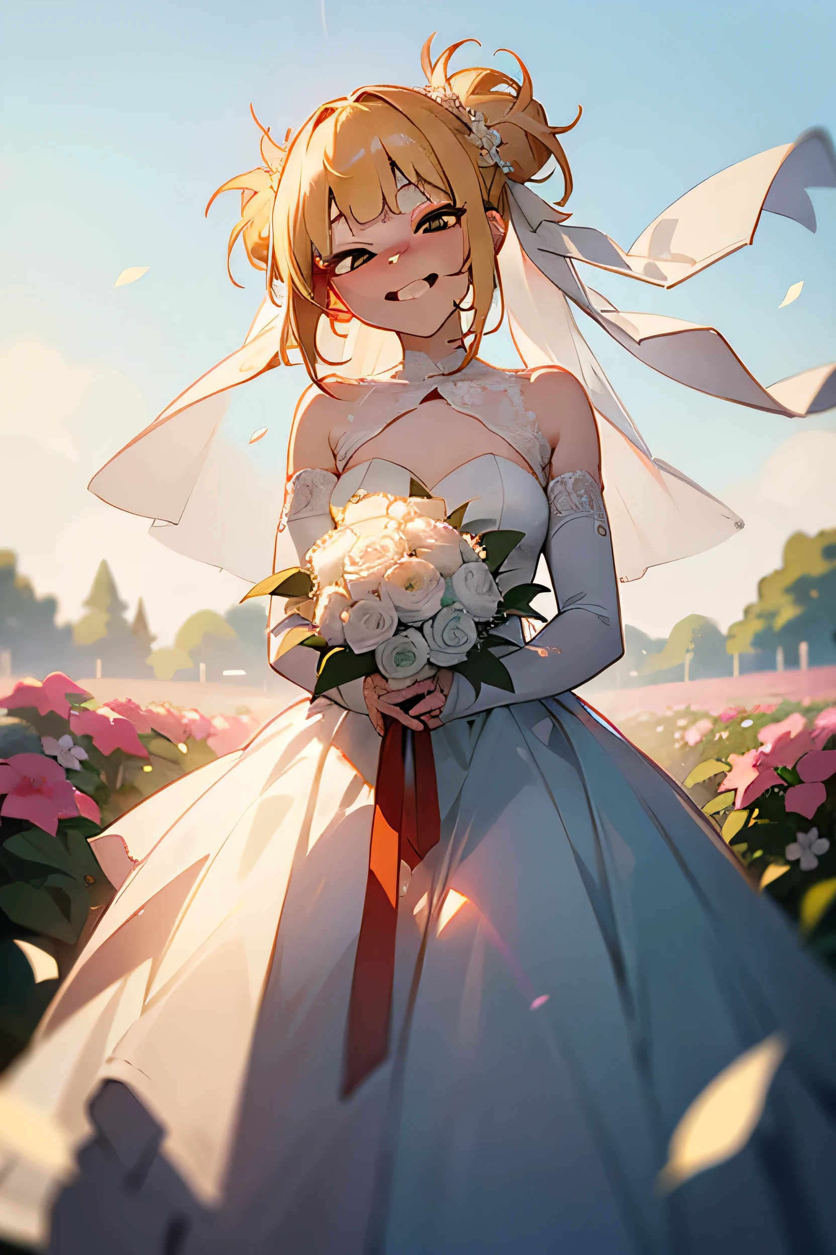 masterpiece, highest quality, highest quality, Very detailed, alone, Detailed face, Himiko Toga, , blonde, Smiling with teeth showing, psycho 笑face, Guess the face, Anime Style, Laughter, Seductive posture, Mid-chest, highest quality, High resolution, Very detailedな, Detailed Background, Perfect lighting, Wedding dress, 白いWedding dress, Long skirt, wedding style, Standing in the middle of a flower garden, Outdoor, Beautiful sky, Bouquet in both hands, View your viewers, Thigh straps, Tilt your head, wedding princess dress, light, Lens flare, White petals