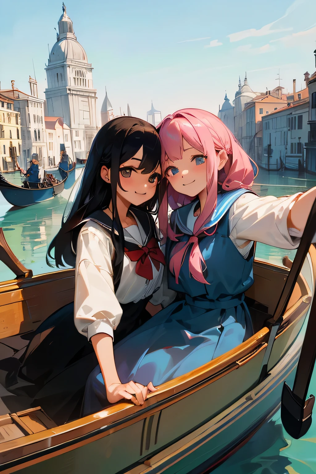 highest quality、High resolution、Detailed Background、(Beautiful face in every detail:1.4)、Anatomically correct、(Detailed facial expressions)、(Detailed eyes:1.2)、Teenage beauty、(Highly detailed face:1.4)、Cute hair colour、Braided Bob、ponytail、Cute hairstyle、well-groomed eyebrows、Do cute things、School trip、Cute JK Uniform、Unique scenery and historical architecture of a floating city、
(Beautiful girl smiling and taking a selfie on a gondola:1.5)、
A gondola glides gracefully under a stone bridge along a canal、There are two young women in the car.、
They are sitting holding hands、She has a somewhat embarrassed look on her face.、But at the same time、You can also sense the excitement.、
The gondola driver slowly rows the oars.、The two women are admiring the view of the canal that unfolds before them.、
A graceful gondola、The two of them look like they are in a dream state as they look at the historic buildings lining both sides of the street.、
「Wa、beautiful!」The two of them whispered to each other how touched they were.、They are holding hands and enjoying the view of the canal.、
Every now and then, the gondola driver breaks into song, bringing a smile to both of their faces.、The reflection of the two people on the water surface sways beautifully.、
In the relaxed flow of time、The two of them look genuinely happy、
The story unfolds on the canals of Venice.、It's a romantic scene.