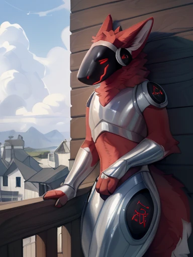 , ((( (( ),(( red fur anthropomorphic protogen furry wolf character with silver armor) , leaning against the wall outside Outdoors on the balcony of a wooden house on a sunny day with some clouds wearing only his silver colored armor,all red fur ))) , big chest , day, , sensual, detailed, uploaded to e621, beautiful and detailed portrait of an anthropomorphic , (((male))) uploaded to e621, zaush, foxovh, movie lighting, thicc, alone, detailed, 8k res, hires, detailed eyes, good anatomy, good perspective, towards viewer, by bebebebebe, by sicklyhypnos, by gerkk, by orf, nice hands, perfect hands, happy, romantic, ray tracing lighting, rtx on, By Bebebebebe, by SpiritD, by KOBITOWANI, b est quality, masterpiece, perfect anatomy, detai led picture)), 1femboy,