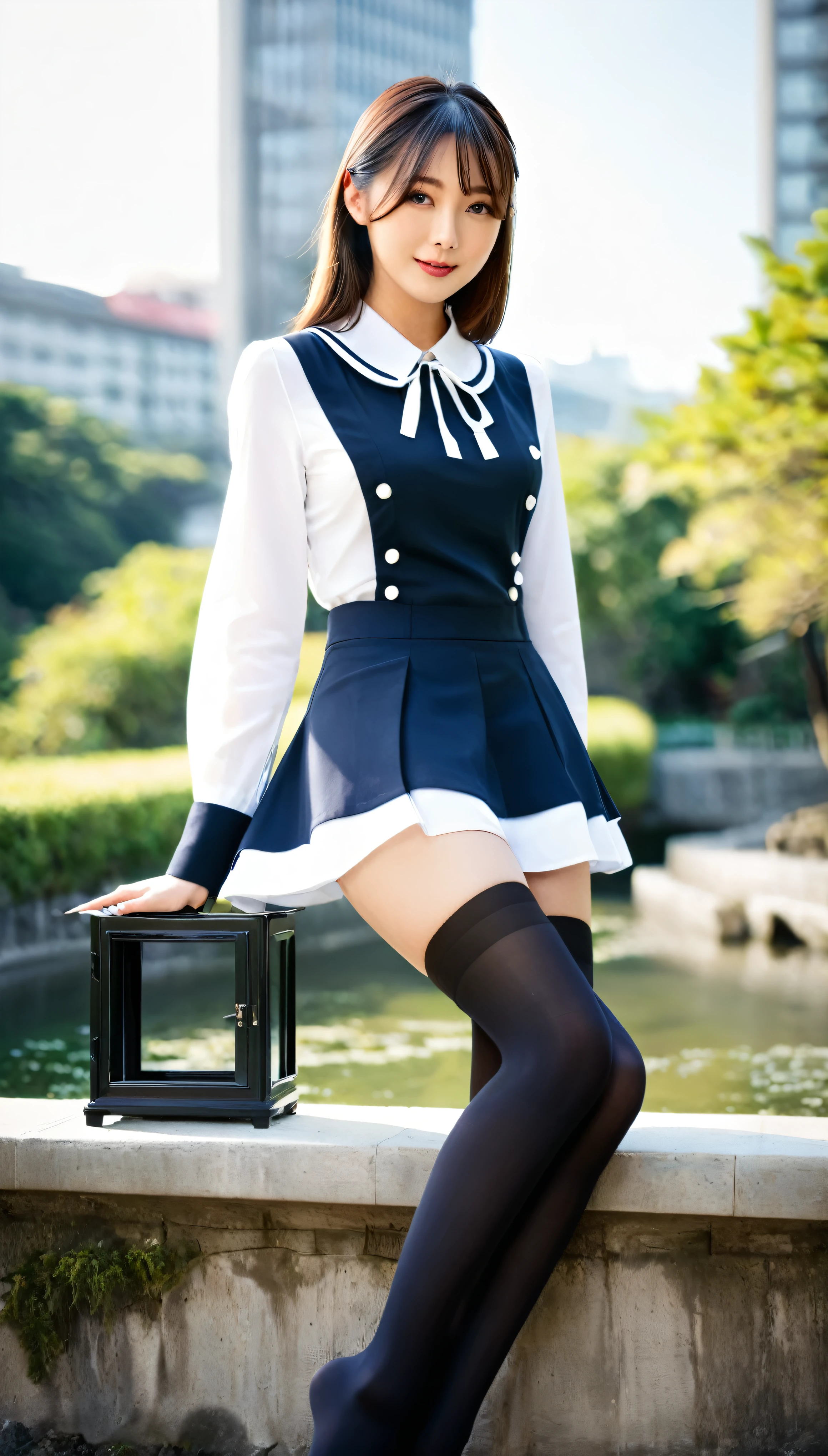 (Super detailed)highest quality:Full-body portrait of a 25-year-old woman in、Delicate and beautiful face with large, expressive eyes(1.1)Introducing。Casually stylish female white collar uniform(1.2)Wear、Perfect for office uniform wear with fine details especially around the collar and cuffs.。Her slim body、This is accentuated by the contrast between the sleek lines of the uniform and the elegance of the black stockings.。 The outdoor scene is bathed in soft natural light on a sunny afternoon.、It provides an idyllic backdrop for this enchanting portrait.。in