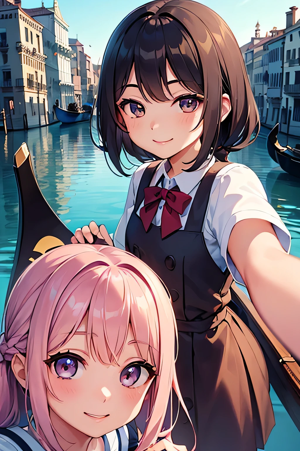 highest quality、High resolution、Detailed Background、(Beautiful face in every detail:1.4)、Anatomically correct、(Detailed facial expressions)、(Detailed eyes:1.2)、age beauty、(Highly detailed face:1.4)、Cute hair colour、Braided Bob、ponytail、Cute hairstyle、well-groomed eyebrows、Do cute things、School trip、Cute JK Uniform、Unique scenery and historical architecture of a floating city、
(Beautiful girl smiling and taking a selfie on a gondola:1.5)、
A gondola glides gracefully under a stone bridge along a canal、There are two young women in the car.、
They are sitting holding hands、She has a somewhat embarrassed look on her face.、But at the same time、You can also sense the excitement.、
The gondola driver slowly rows the oars.、The two women are admiring the view of the canal that unfolds before them.、
A graceful gondola、The two of them look like they are in a dream state as they look at the historic buildings lining both sides of the street.、
「Wa、beautiful!」The two of them whispered to each other how touched they were.、They are holding hands and enjoying the view of the canal.、
Every now and then, the gondola driver breaks into song, bringing a smile to both of their faces.、The reflection of the two people on the water surface sways beautifully.、
In the relaxed flow of time、The two of them look genuinely happy、
The story unfolds on the canals of Venice.、It's a romantic scene.