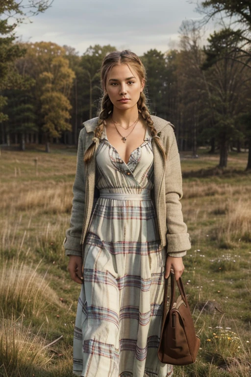 ((best quality)), ((masterpiece)), (detailed), 3/4 shot of an athletic young woman in a plaid maxi dress and a coat dress. she is standing in a meadow in winter. she is wearing a small necklace. Her hair is braided on top of her head. she is eastern European with dirty blonde hair.