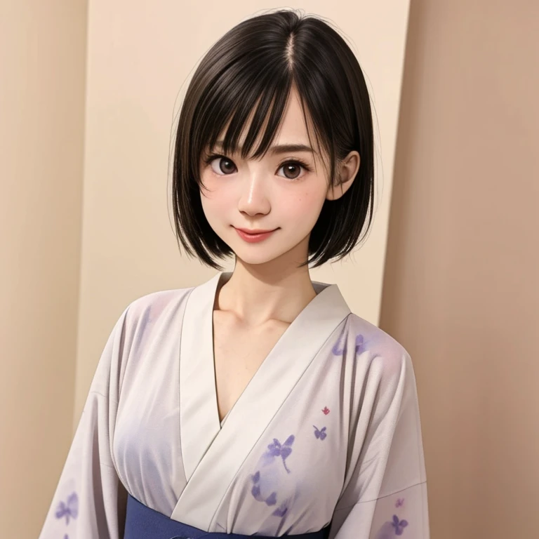 (kawaii 24 year-old Japanese girl, Nogizaka idol, Korean idol), glossy brown hair, (very short hair:1.2), beautiful black eyes, rounded face, narrow shoulders, single eyelid, (no makeup:1.2), big laughing, (yukata, Japanese traditional clothes), extra small breasts, BREAK, (simple white background:1.2), (view from forward, bust shot, id photo:1.2), BREAK, (masterpiece, best quality, photo realistic, official art:1.4), (UHD, 8K quality wallpaper, high resolution, raw photo, golden ratio:1.3), (shiny skin), professional lighting, physically based rendering, award winning, (highly detailed skin texture, extremely detailed face and eyes textures), Carl Zeiss 85 mm F/1.4, depth of field, (1girl, solo),