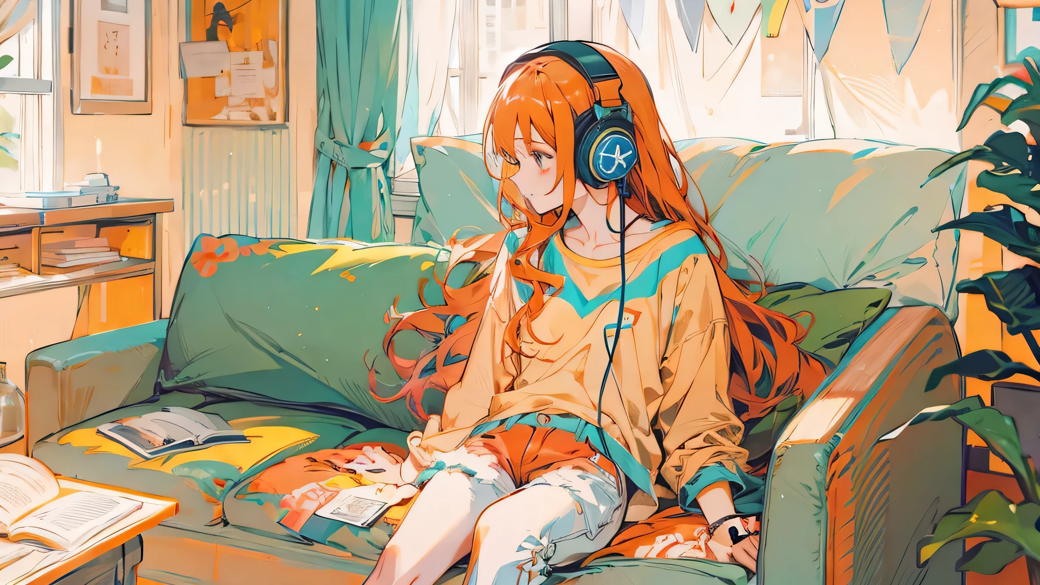 high resolution、One Girl、Wearing headphones、Fu shoulder shirt and hot pants、Inside a minimalist room、Fabric sofa、Vibrant colors、Vivid Color、Warm shades、Full body images、Orange long hair、