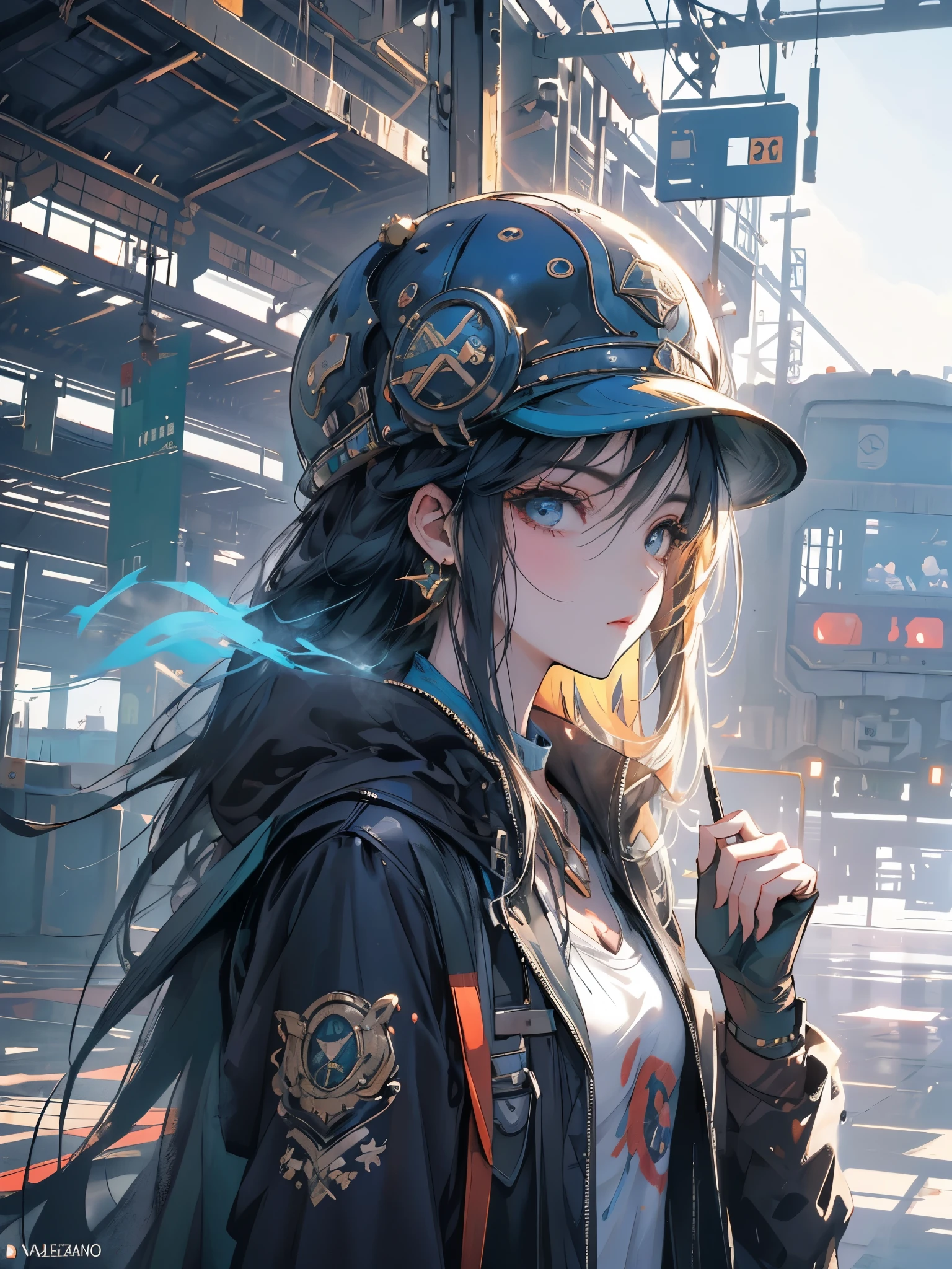 1 garota, aviator hat , Sozinho, vapor punk, train station, , vapor, smoke, Obra de arte, altamente detalhado,HDR,8k resolution, melhor qualidade,