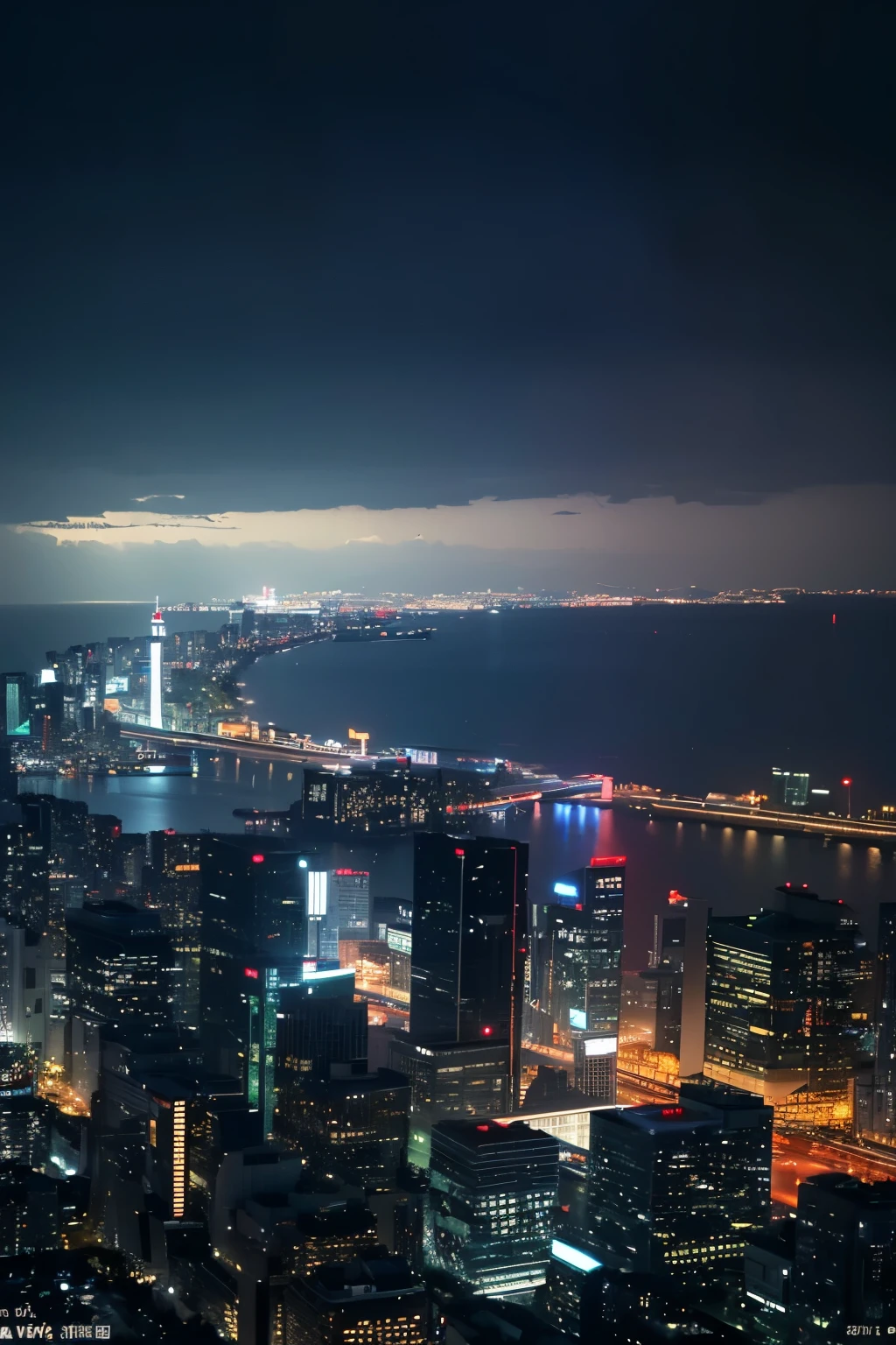 (In 8K、RAW Photos、highest quality、masterpiece)、(Realistic、Photorealistic)、Ultra-detailed、日本の東京のOcean、scenery、Tokyo Bay、Ocean、evening、rain、highest quality, Ultra-high resolution, Cinematic, Very detailed, Cinematic lighting, reflection, scenery, null,