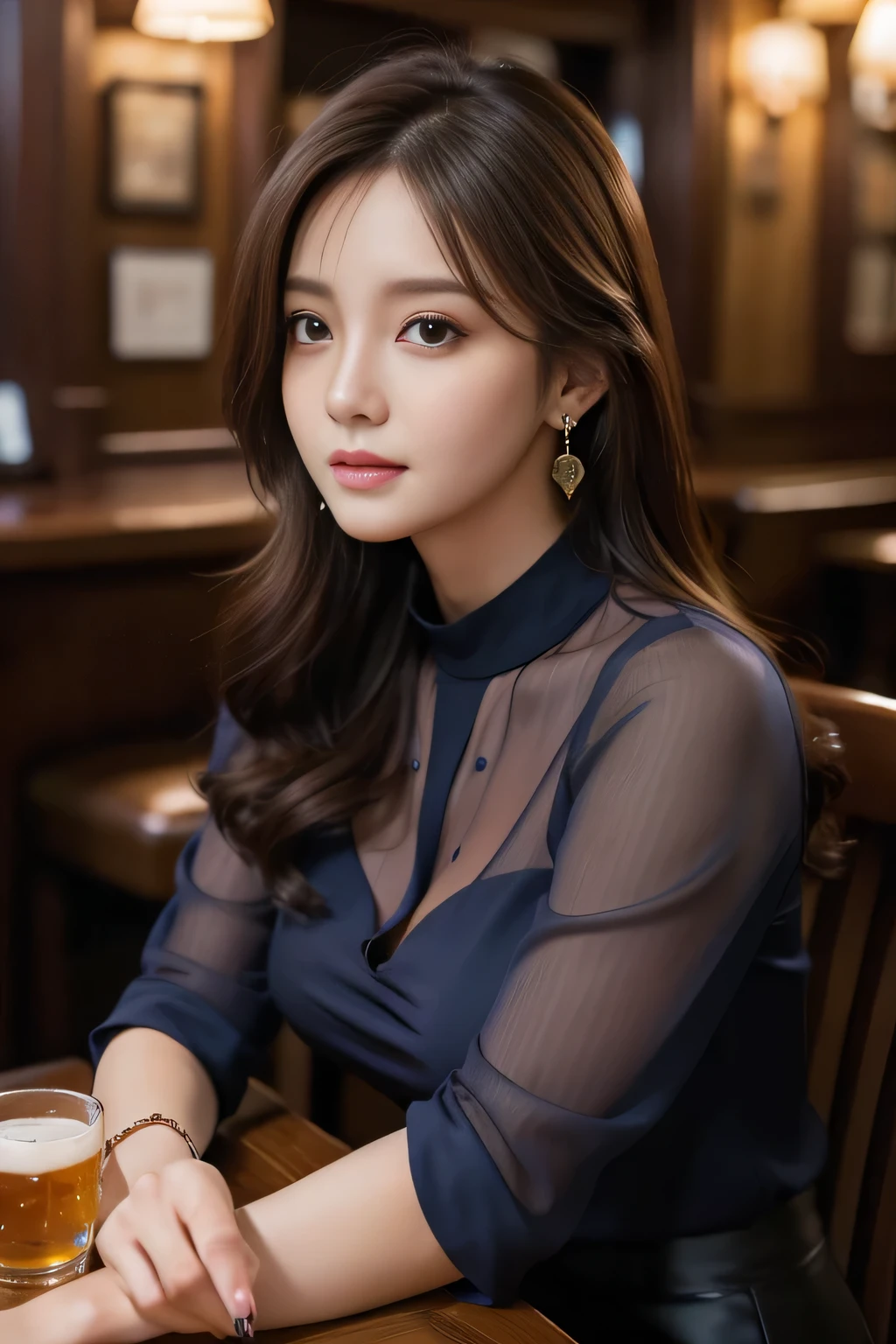 masterpiece, highest quality, Realistic, Very detailed, Finer details, High resolution, 8k wallpaper, One beautiful woman, Wear a navy blue see-through blouse, In a great pub, At night, Light brown messy hair, Perfect dynamic composition, Beautiful and beautiful eyes、Big earrings、Sitting in a chair、
